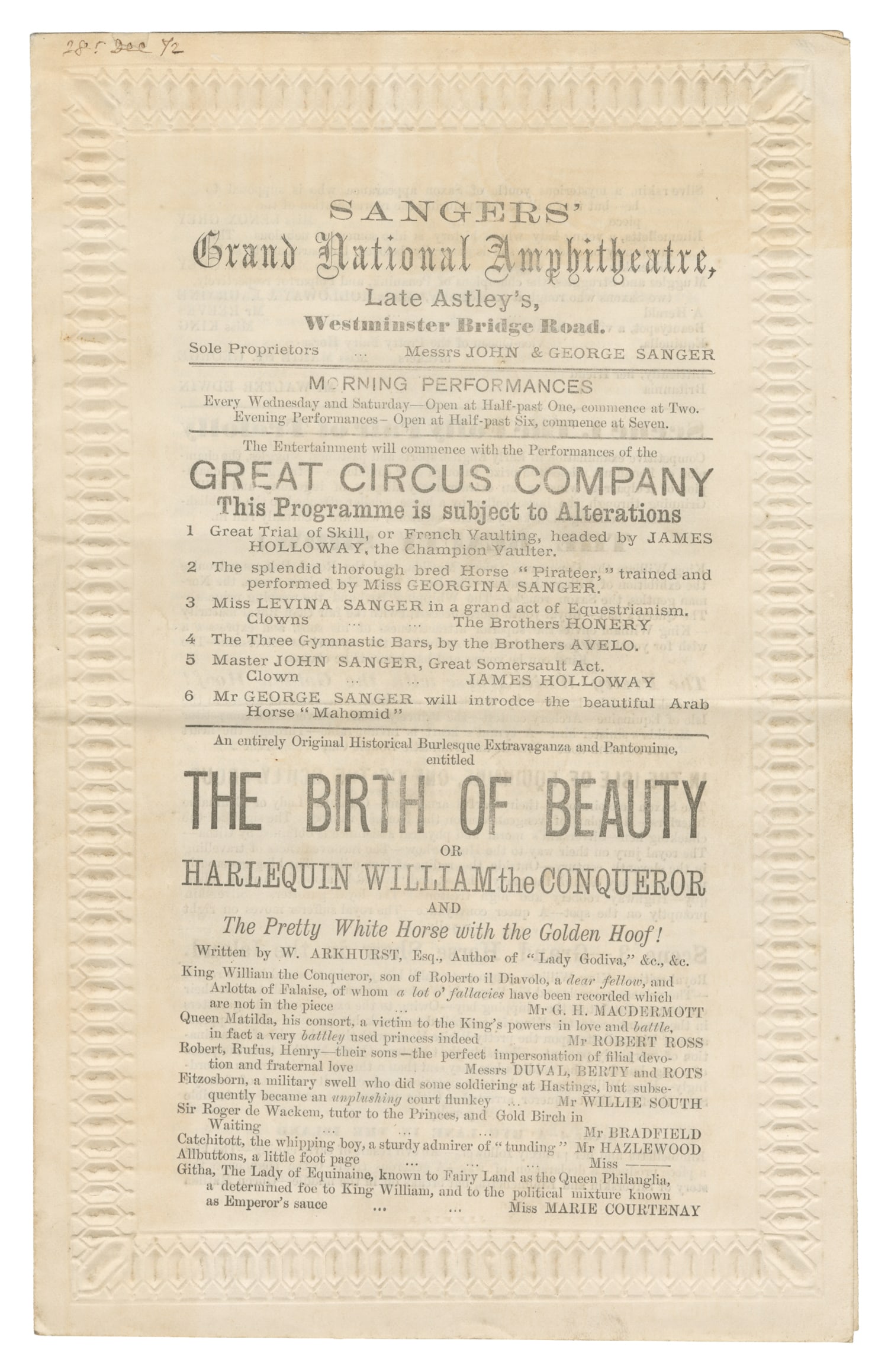 Sangers' Grand National Amphitheatre, Late Astley's, Westmindster Bridge Road program. (1 of 1)