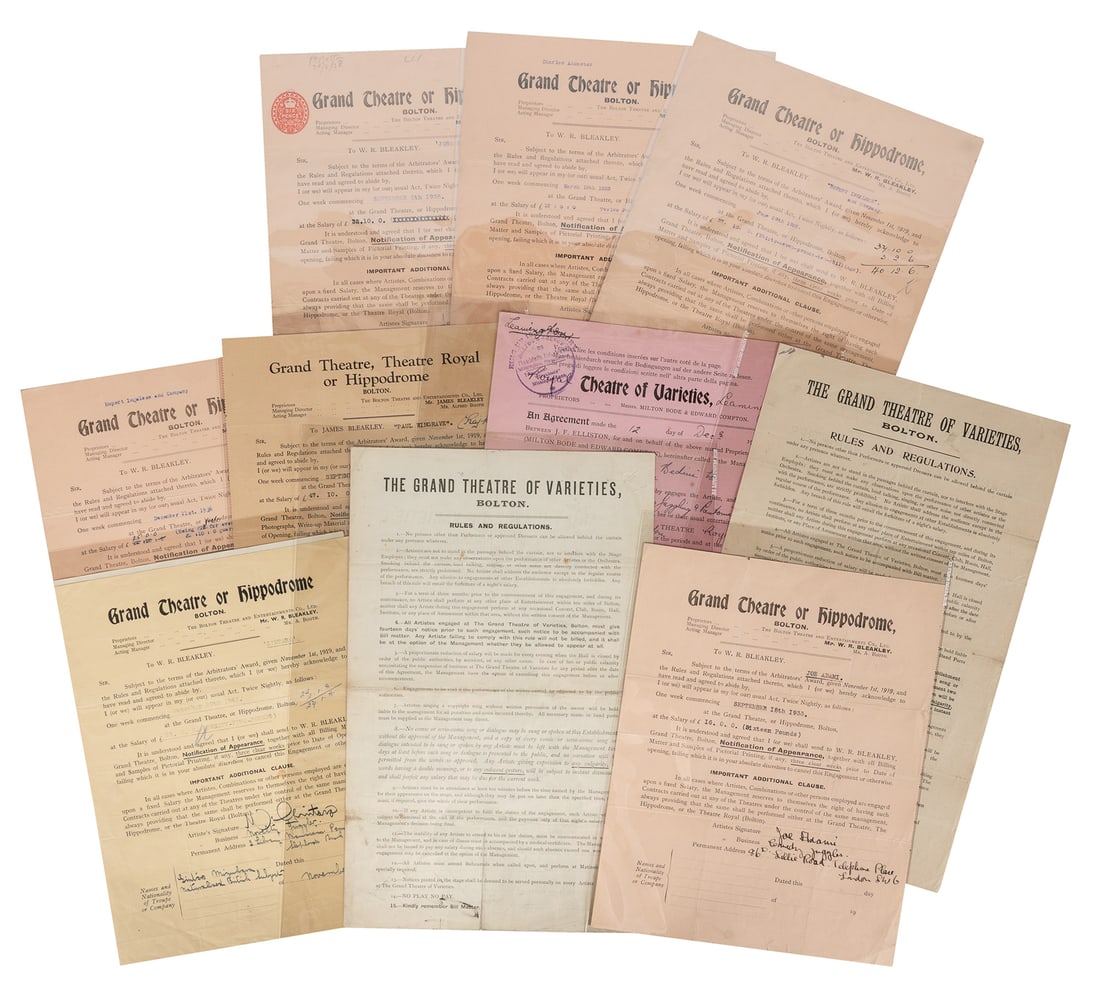 [JUGGLING]. Collection of Jugglers' Theater Contracts.: [JUGGLING]. Collection of Jugglers' Theater Contracts. 1890s - 1930s. Twenty-three contracts for British variety theaters, all engaging jugglers, and all SIGNED by the performers. Included are agreeme
