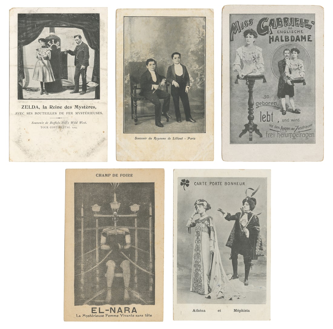 [CIRCUS & SIDESHOW]. Five Postcards of Circus and Sideshow Acts. Circa 1910s-30s.: [CIRCUS & SIDESHOW]. Five Postcards of Circus and Sideshow Acts. European (4 in French and 1 in German), ca. 1910s-30s. Postcards for various entertainers, including Miss Gabrielle (The English Half W