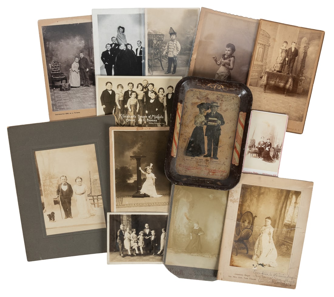 [LITTLE PEOPLE]. Group of 13 CDVs, Cabinet Cards, Photographs, RPPCs, and a Tin Tray Featuring: [LITTLE PEOPLE]. Group of 13 CDVs, Cabinet Cards, Photographs, RPPCs, and a Tin Tray Featuring Little People. V.p., circa late 19th-early 20th century. Studios include Ollivier, Eisenmann, Wendt, and 