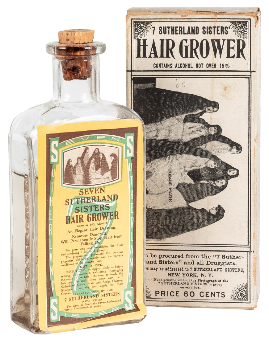 Seven Sutherland Sisters Hair Grower with original box.: Seven Sutherland Sisters Hair Grower with original box. New York, 1918. Embossed glass bottle with cork and original liquid contents, and paper label; and original pictorial cardstock box. Bottle
