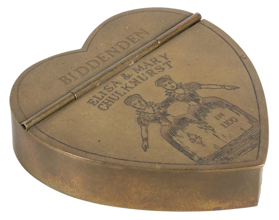 BIDDENDEN MAIDS (Elisa and Mary Chulkhurst, 1100–1134). Brass Heart-shaped Tin with Engraving.: BIDDENDEN MAIDS (Elisa and Mary Chulkhurst, 1100–1134). Brass Heart-shaped Tin with Engraving. 19th century. Tin is engraved: "BIDDENDEN / ELISA & MARY CHULKHURST" with an image of the siamese