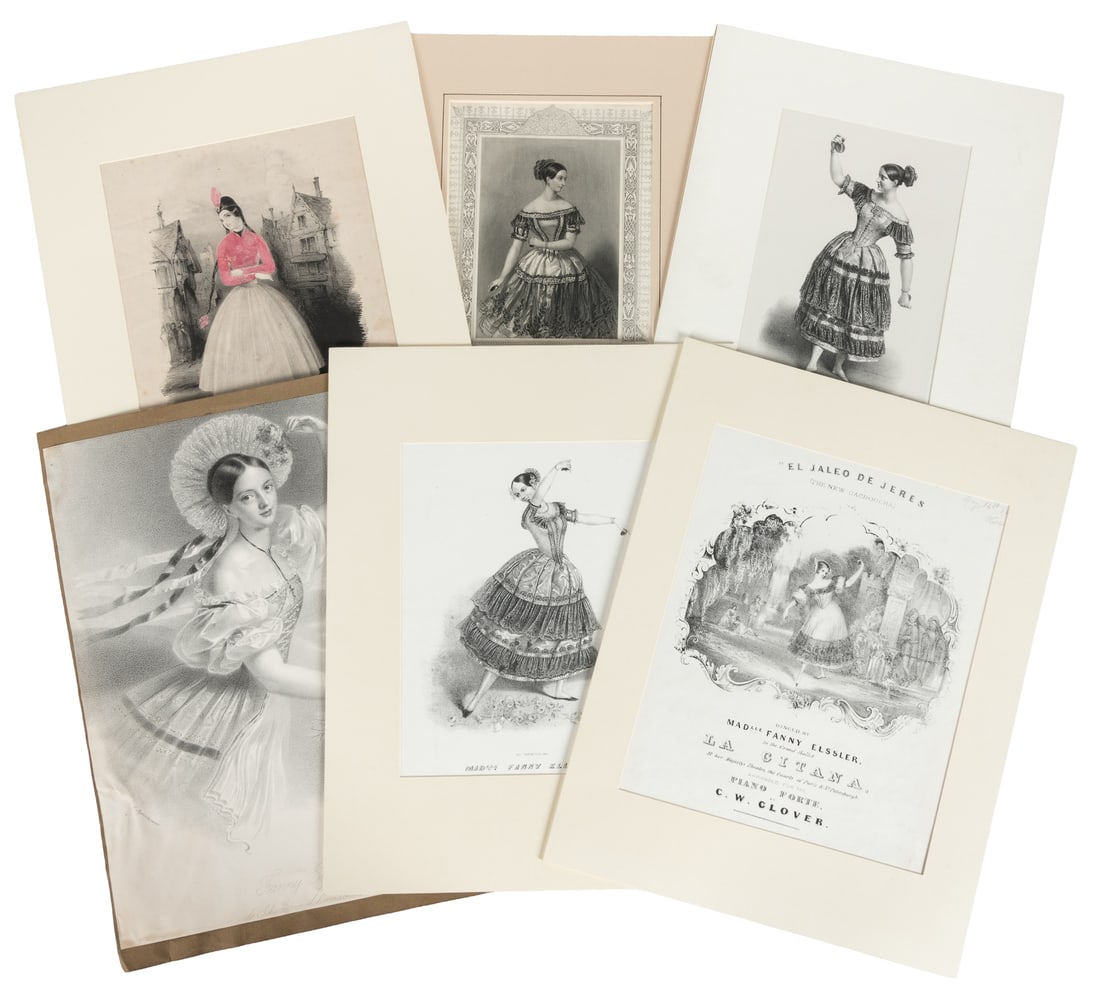 Group of 10 Romantic Era Ballerina Items featuring Fanny Elssler and Marie Taglioni.: Group of 10 Romantic Era Ballerina Items featuring Fanny Elssler and Marie Taglioni. Nine are for Essler, including 6 prints, some hand-colored; 2 sheet music with lithographs of Essler on cover, one