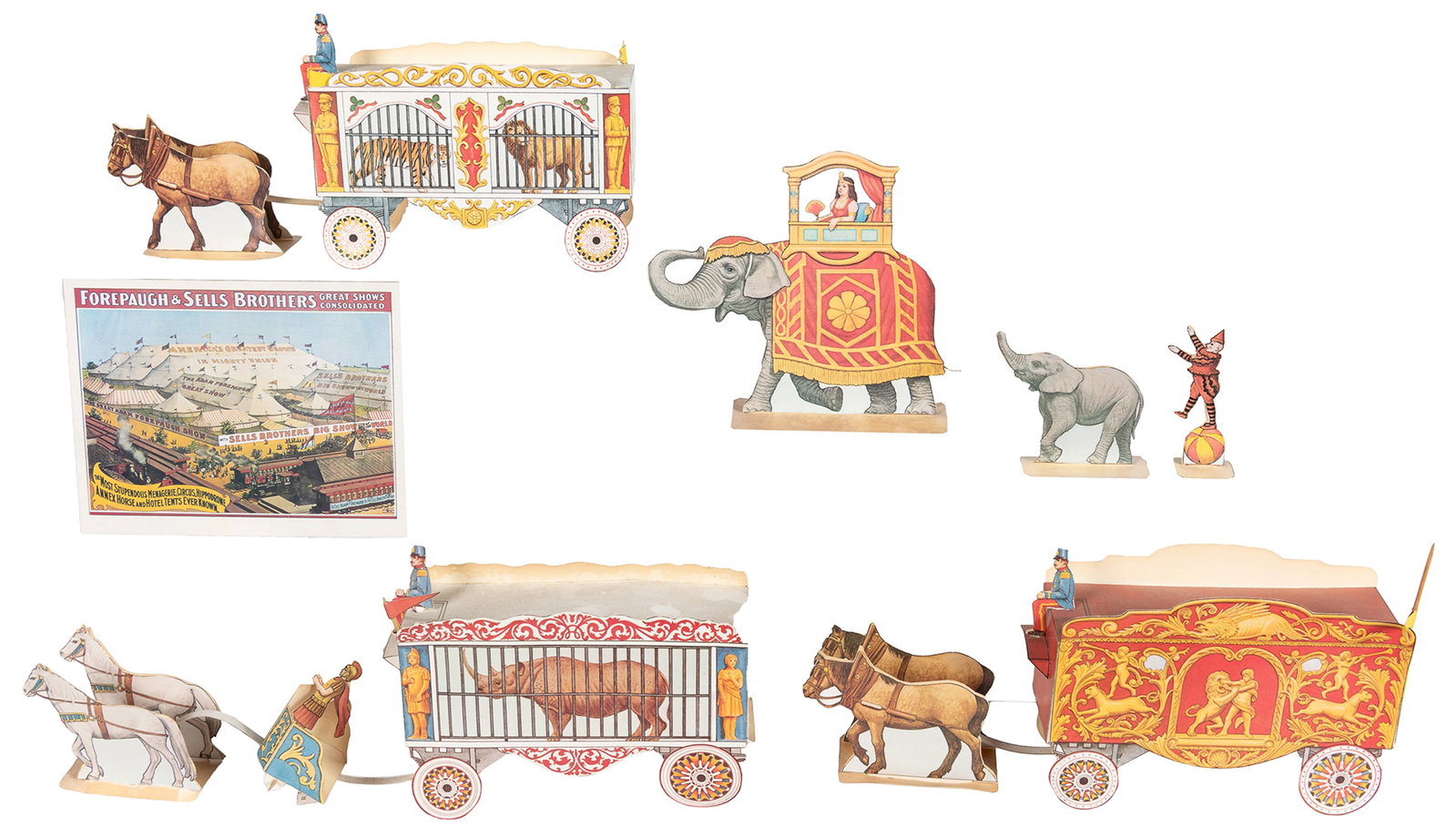 Group of Revell Circus toy sets.: Group of Revell Circus toy sets. Includes three complete boxes, and one with box top only. Mixed/incomplete contents, including elephants, gymnastic apparatus, clown figure parts, and a paper circus