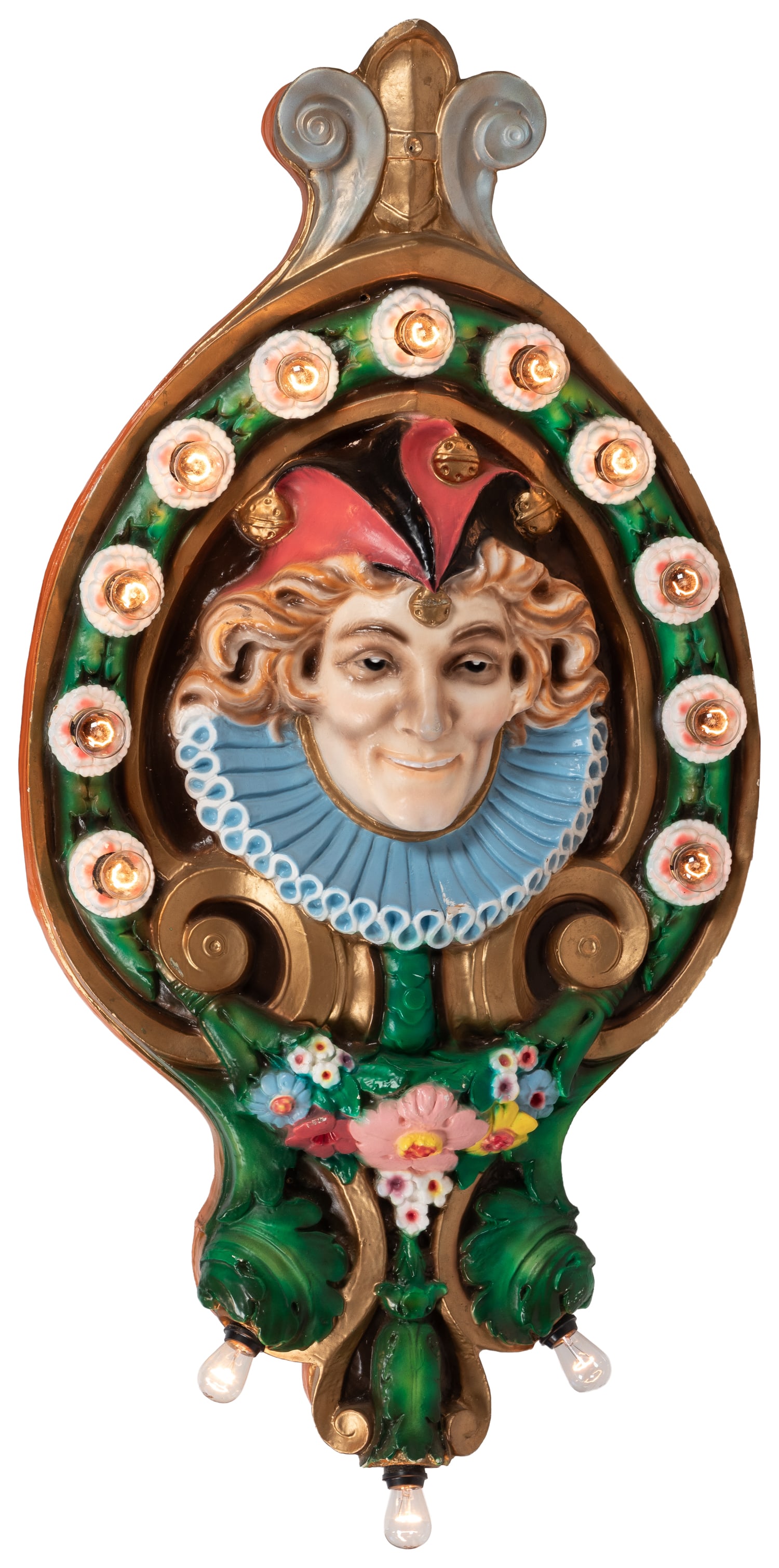 After Dentzel, cast jester lighted carousel rounding board.: After Dentzel, cast jester lighted carousel rounding board. Cast plaster and colorfully painted jester figure outfitted with dimmable light bulbs. Working. 54 x 26 x 5". Third-party transportation req