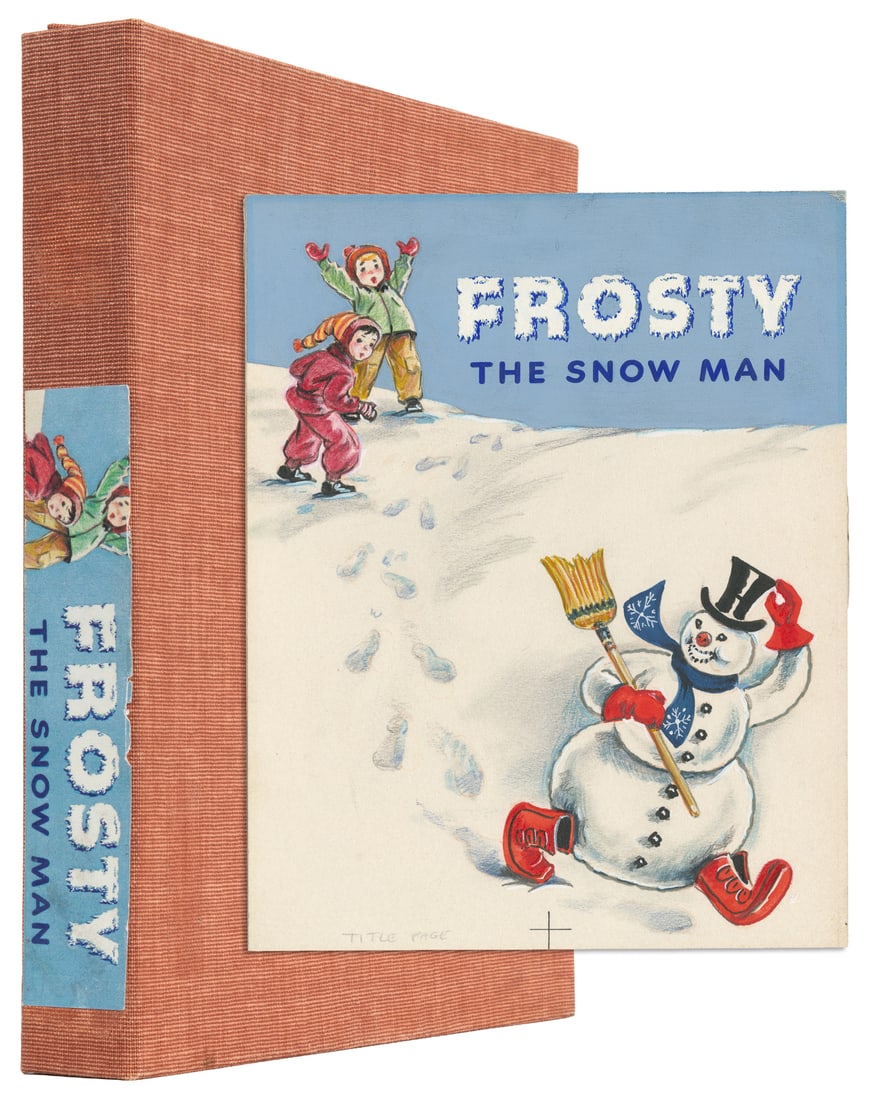 [ORIGINAL BOOK ARTWORK]. [MALVERN, Corinne (1901-1956), illustrator]. Frosty the Snow Man [New York:: [ORIGINAL BOOK ARTWORK]. [MALVERN, Corinne (1901-1956), illustrator]. Frosty the Snow Man. [New York: The Golden Press, ca. 1950]. Multi-media on card (title-page) and thick paper (the remaining illus