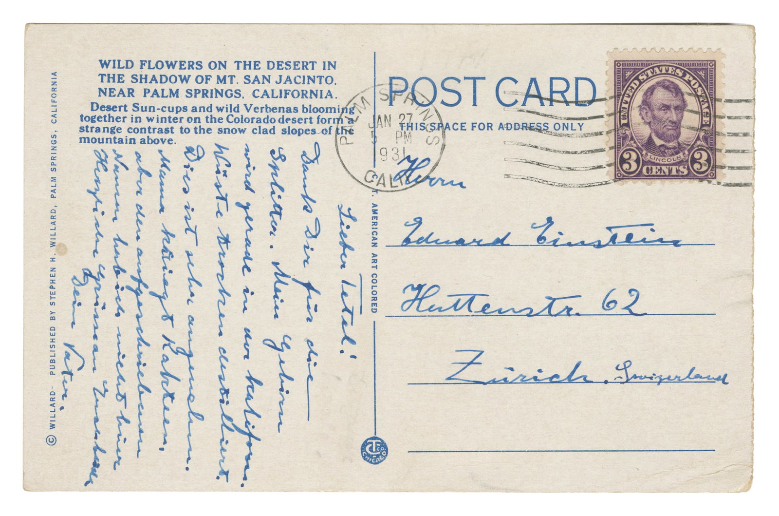 EINSTEIN, Albert (1879-1955). Autograph Post Card Signed to His Son, Also Signed by His Wife. [Palm (1 of 2)