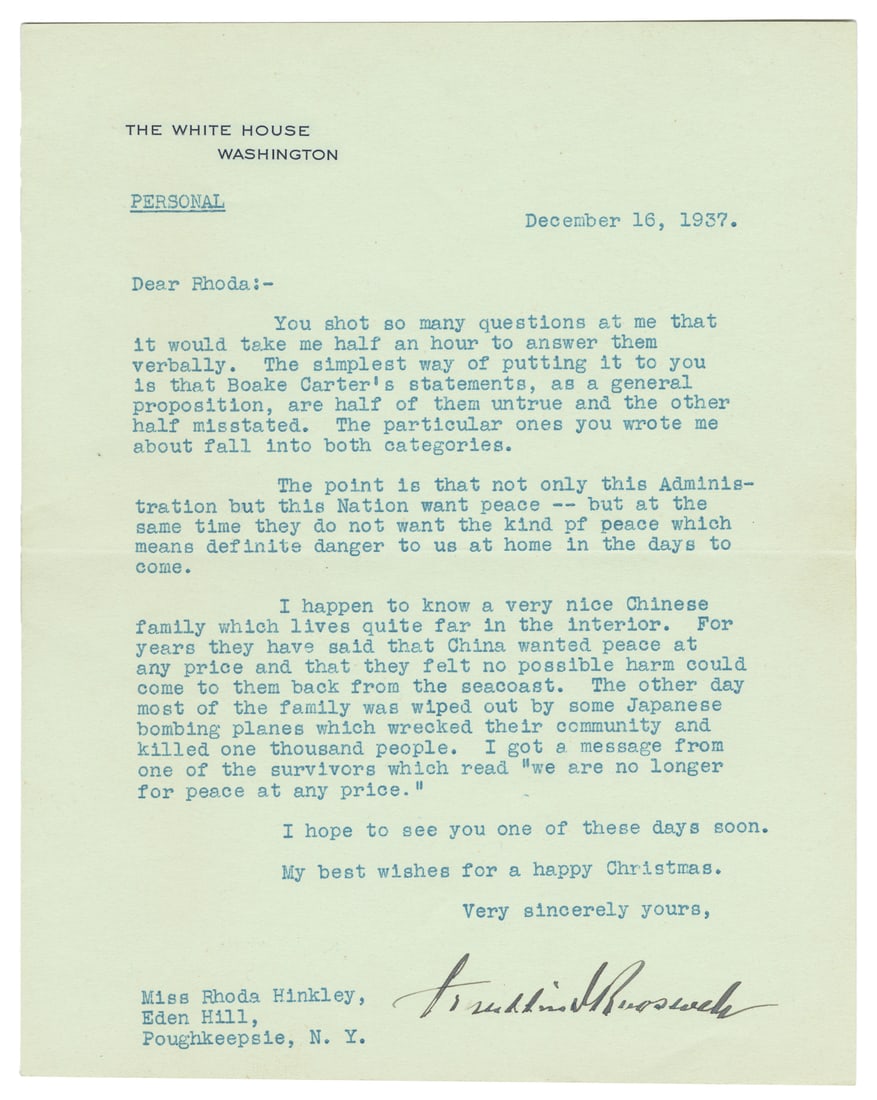 ROOSEVELT, Franklin Delano (1882-1945). Typed Letter Signed. The White House / Washington, December (1 of 1)