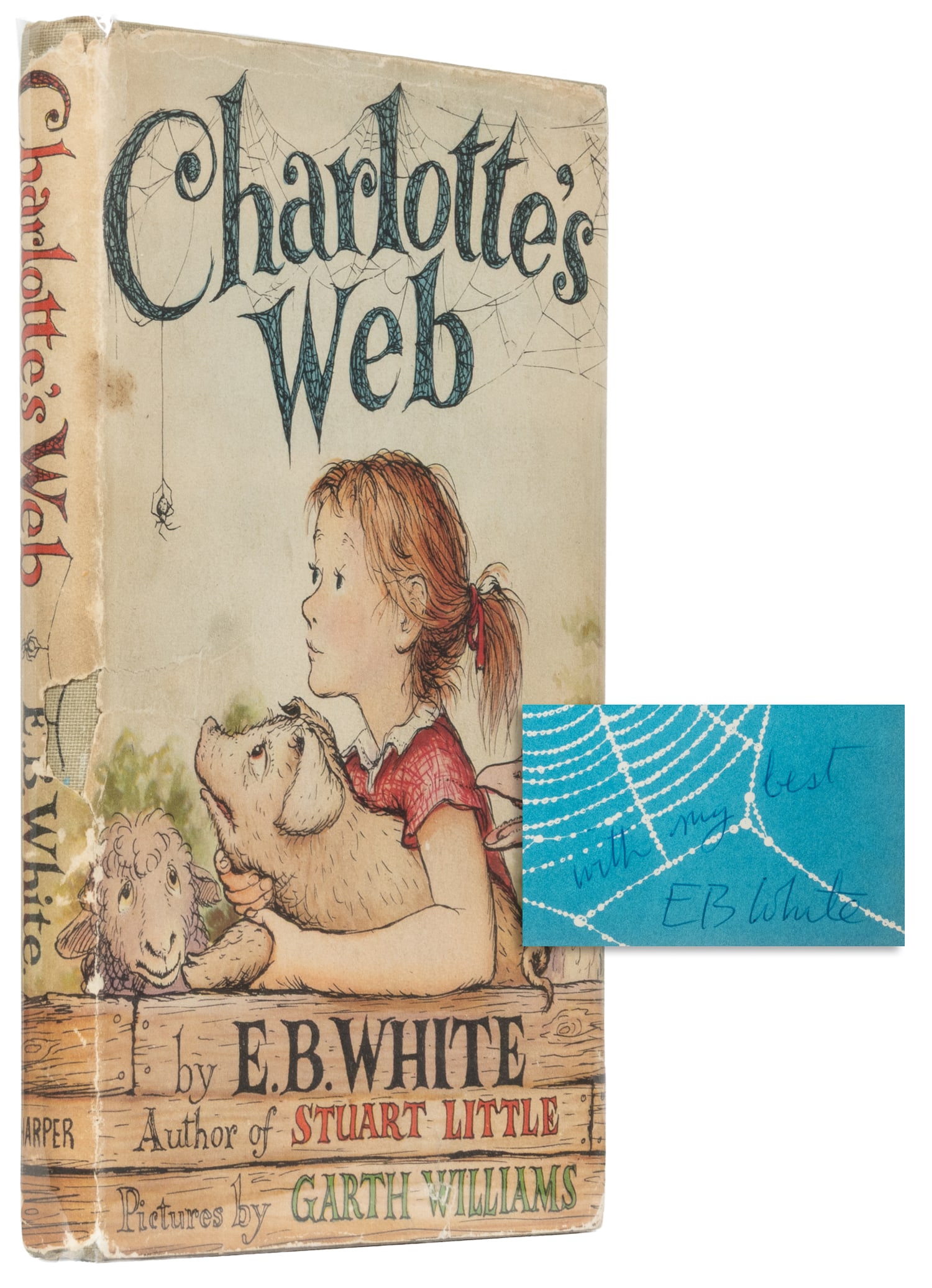 WHITE, E. B. (1899-1985). Charlotte's Web. Pictures by Garth Williams. New York: Harper & Brothers,: WHITE, E. B. (1899-1985). Charlotte's Web. Pictures by Garth Williams. New York: Harper & Brothers, Publishers, [1952]. 8vo. Illustrated throughout. [vi], 1-184 pp. Publisher's full beige cloth, front