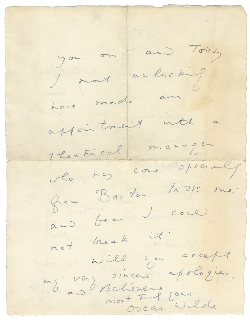 WILDE, Oscar (1854-1900). Autograph Letter Signed. [New York:] West 11th Street, [ca. late 1882].: WILDE, Oscar (1854-1900). Autograph Letter Signed. [New York:] West 11th Street, [ca. late 1882]. Two 4to pages on one sheet of plain white paper with deckle-edges. Approximately 9 x 7". Addressed "De