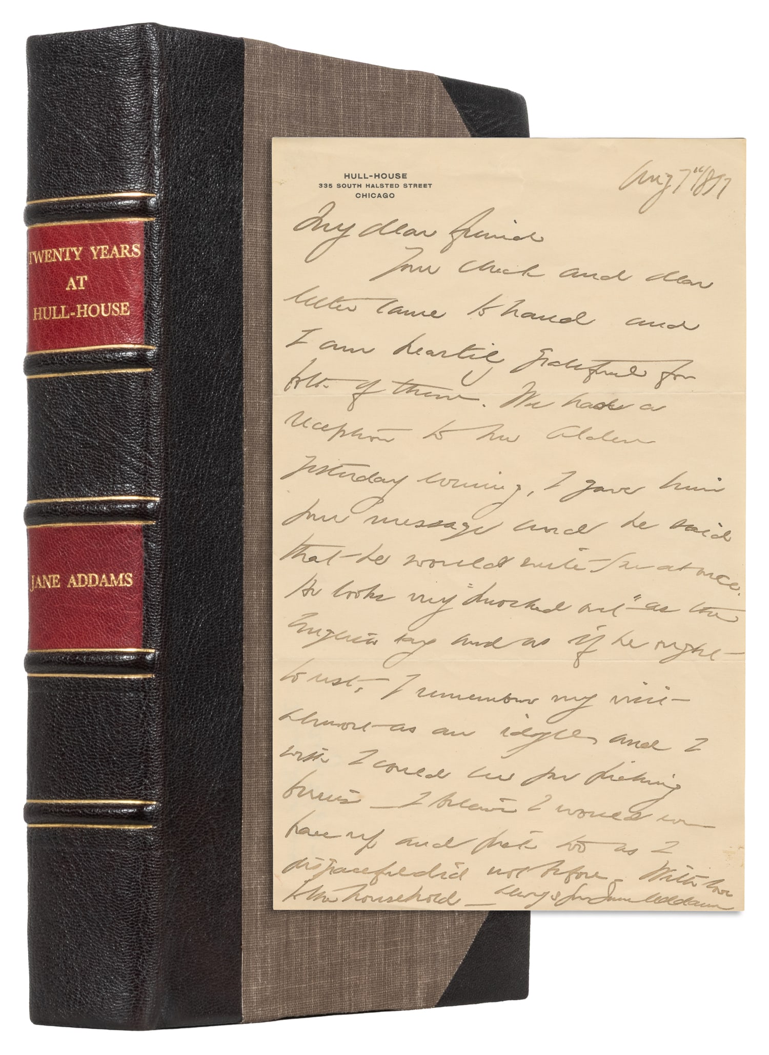 ADDAMS, Jane (1860-1935). Twenty Years at Hull-House... [and:] an Autograph Letter Signed. New York:: ADDAMS, Jane (1860-1935). Twenty Years at Hull-House... [and] an Autograph Letter Signed. New York: Macmillan Company, 1910. 8vo. [xviii], 1-462 pp. Rebound in modern half brown levant morocco over br