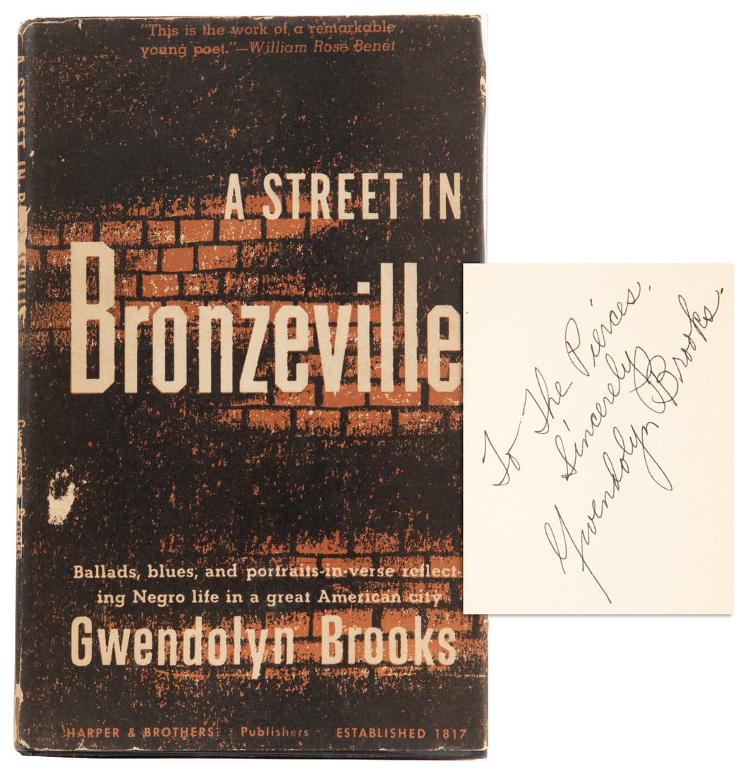 [AFRICAN AMERICANA]. BROOKS, Gwendolyn (1917-2000). A Street in Bronzeville. New York: Harper &: [AFRICAN AMERICANA]. BROOKS, Gwendolyn (1917-2000). A Street in Bronzeville. New York: Harper & Brothers Publishers, 1945. 8vo. vi, 1-[58] pp. Publisher's full black cloth, front board and spine stamp