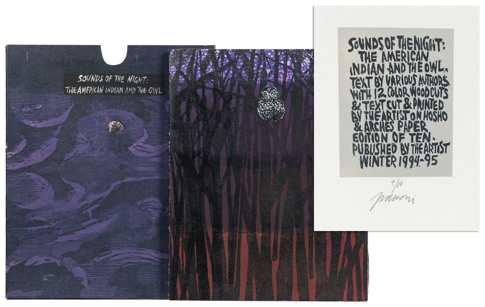 [ARTIST'S BOOK]. FRASCONI, Antonio (1919-2013). Sounds of the Night: The American Indian and the: [ARTIST'S BOOK]. FRASCONI, Antonio (1919-2013). Sounds of the Night: The American Indian and the Owl. [South Norwalk, Winter 1994-1995]. Folio. Approximately 9 1/2 x 12". Twelve leaves of color woodcu