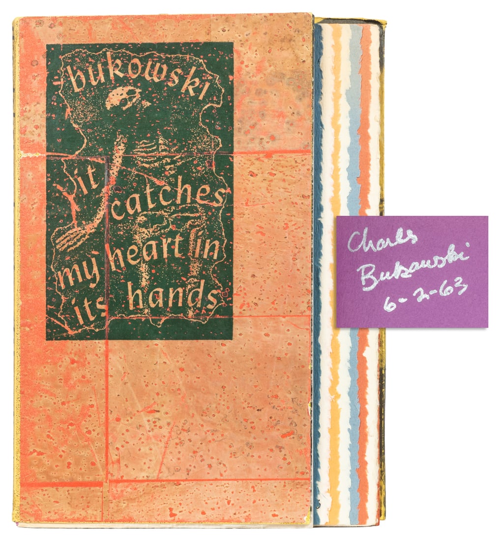 BUKOWSKI, Charles (1920-1994). it catches my heart in its hands. new & selected poems 1955-1963.: BUKOWSKI, Charles (1920-1994). it catches my heart in its hands. new & selected poems 1955-1963. [New Orleans:] loujon press, [1963]. 4to. [iv, half-title is loose but present], [1]-[100]. Errata leaf