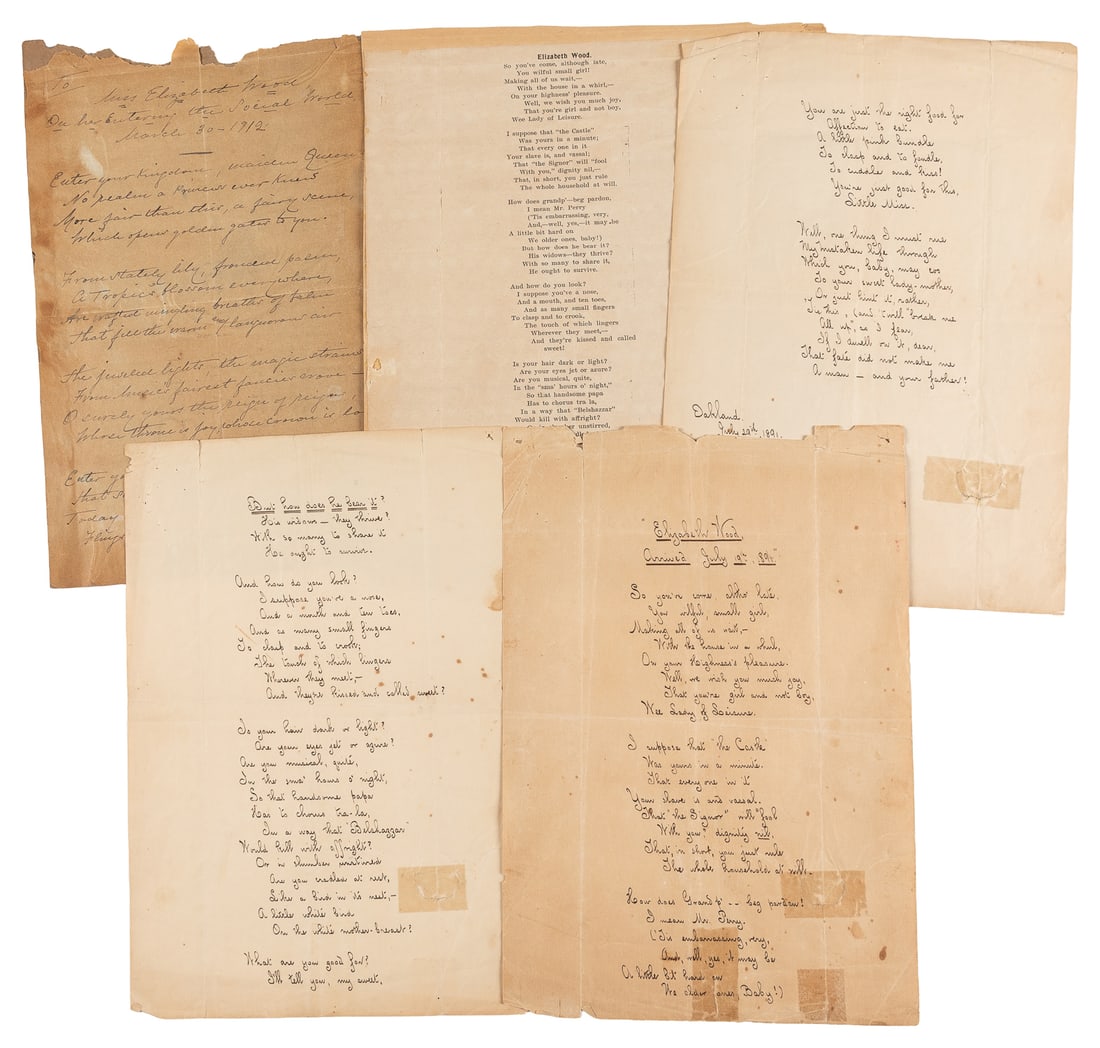 [CALIFORNIANA]. COOLBRITH, Ina (1841-1928). Autograph Poem Signed by California's First Poet (1 of 2)