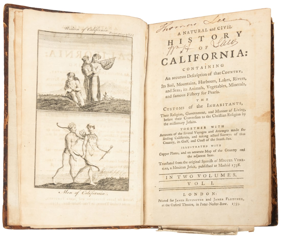 [CALIFORNIANA]. VENEGAS, Miguel (1680-1764). A Natural and Civil History of California... London:: [CALIFORNIANA]. VENEGAS, Miguel (1680-1764). A Natural and Civil History of California... London: Printed for James Rivington and James Fletcher, 1759. 8vos. Illustrated with four engraved plates, inc