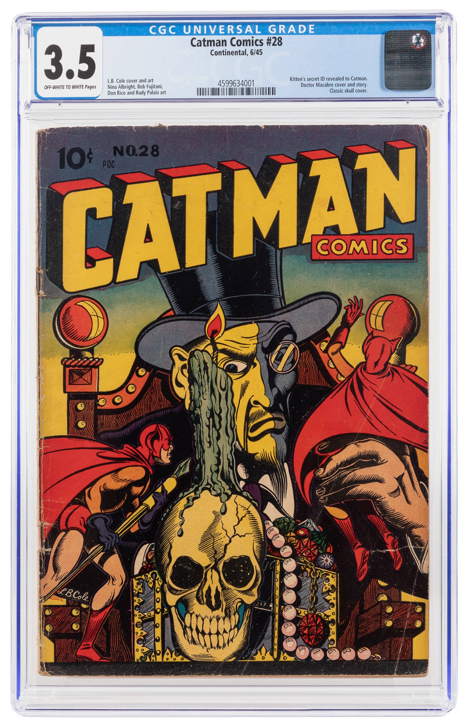 [COMICS]. [COLE, L.B., cover]. Catman #28. Holyoke/Continental Comics, 1945. CGC 3.5.: [COLE, L.B., cover]. Catman #28. Holyoke/Continental Comics, 1945. CGC 3.5. Featuring the classic Dr. Macabre skull cover by L.B. Cole with art by Nina Albright, Bob Fujitani, Don Rico, and Rudy Palai