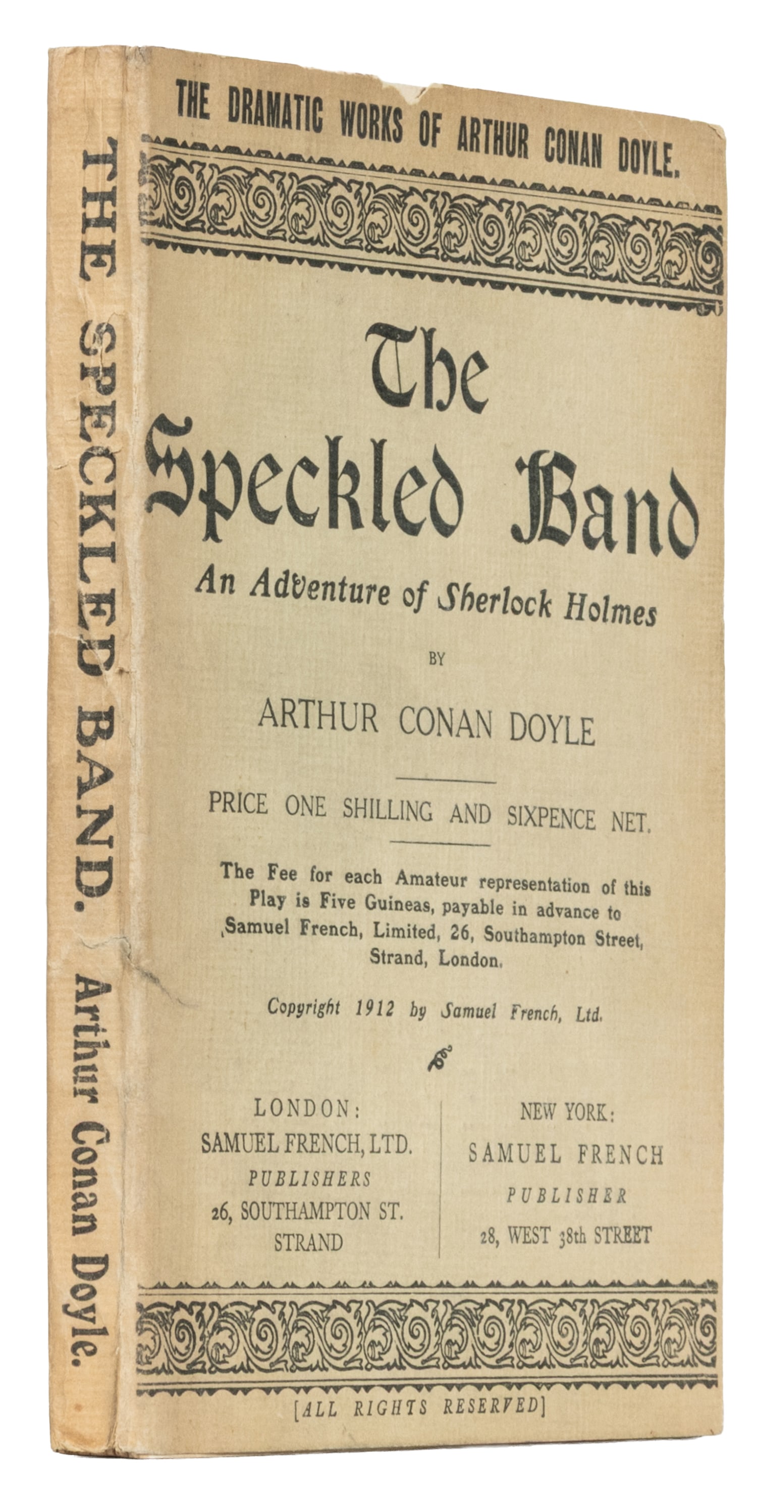 [SHERLOCK HOLMES]. DOYLE, Sir Arthur Conan (1859-1930). The Speckled Band. New York and London:: [SHERLOCK HOLMES]. DOYLE, Sir Arthur Conan (1859-1930). The Speckled Band. New York and London: Samuel French Limited, 1912. 8vo. 124pp [+2, ads]. Illustrated. Original light green wrappers, glued to 