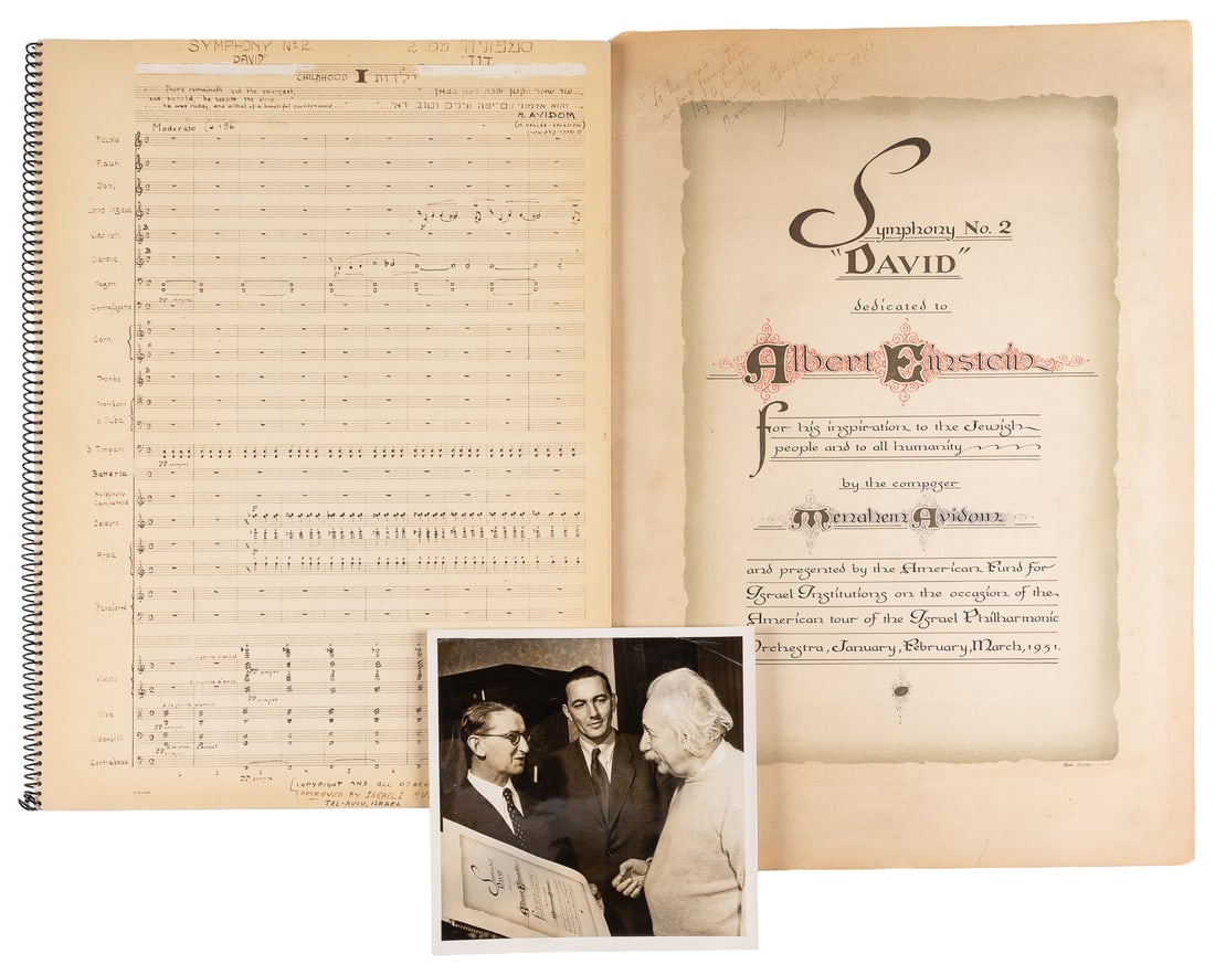 [EINSTEIN, Albert. (1879-1955), dedicatee]. AVIDOM, Menachem (1908-1995). Symphony No. 2 "David": [EINSTEIN, Albert. (1879-1955), dedicatee]. AVIDOM, Menachem (1908-1995). Symphony No. 2 "David" Dedicated to Albert Einstein, with Presentation Broadside to Einstein and Original Photograph of Einste