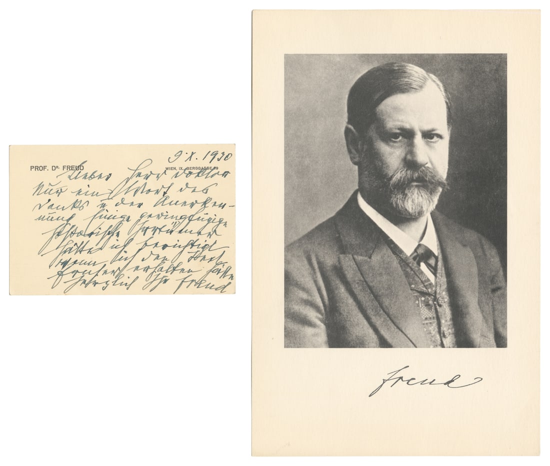 FREUD, Sigmund (1856-1939). Autograph Note Signed. Wien IX., Berggasse 19: "9. X. 1930" [October, 9,: FREUD, Sigmund (1856-1939). Autograph Note Signed. Wien IX., Berggasse 19: "9. X. 1930" [October, 9, 1930]. One 12mo page on one postcard-sized notecard on personal stationery. Approximately 3 1/2 x 5