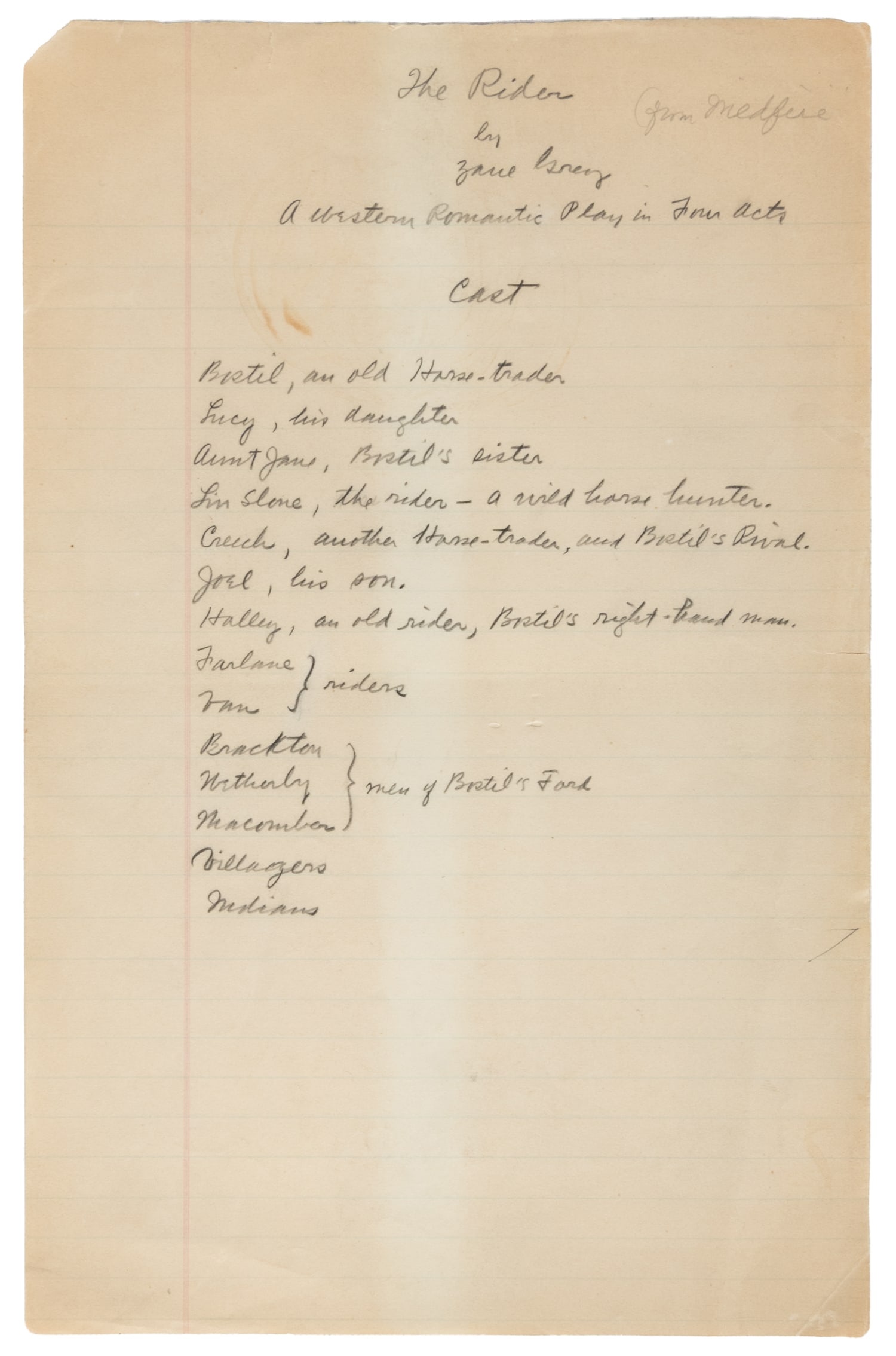 GREY, Zane (1872-1939). The Rider by Zane Grey. A Western Romantic Play in Four Acts... [N.p., ca.: GREY, Zane (1872-1939). Complete Holograph Manuscript of "The Rider by Zane Grey. A Western Romantic Play in Four Acts..." [N.p., ca. 1920s]. Folio. Written in pencil on ruled pages, rectos only. 181 