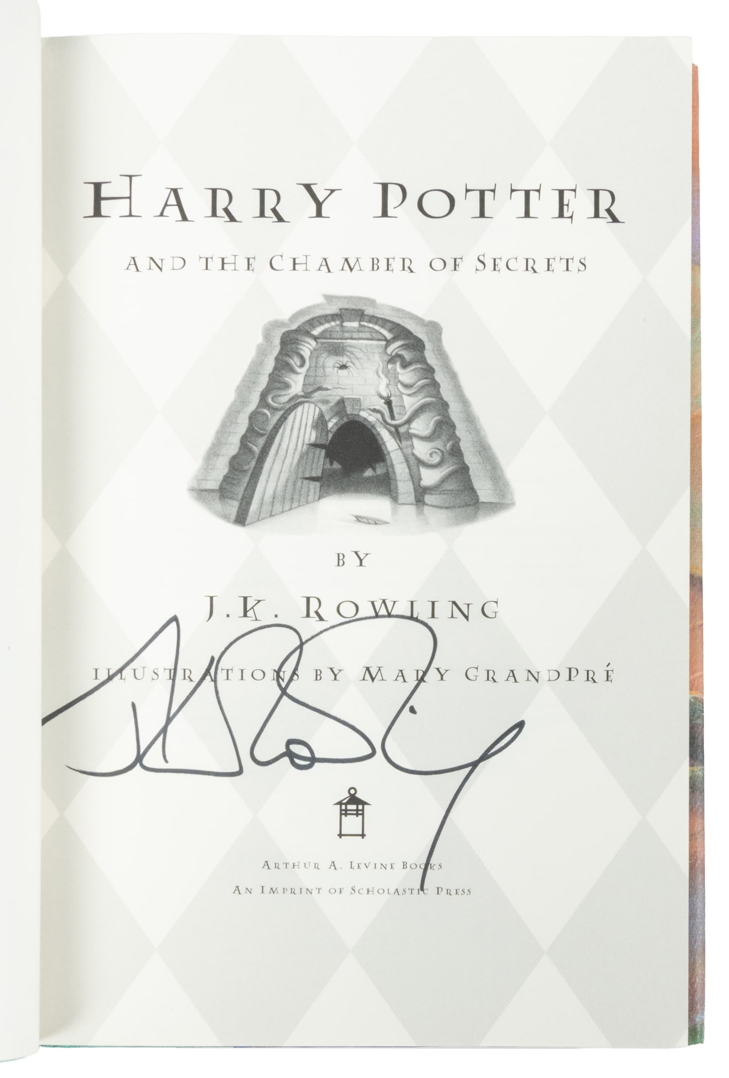 ROWLING, J. K. (b. 1965). Harry Potter and the Chamber of Secrets. Illustrations by Mary: ROWLING, J. K. (b. 1965). Harry Potter and the Chamber of Secrets. Illustrations by Mary Grandpré. New York: Scholastic, Inc., [1999]. 8vo. Illustrated throughout. [x], 1-[342] pp. Publisher's gr