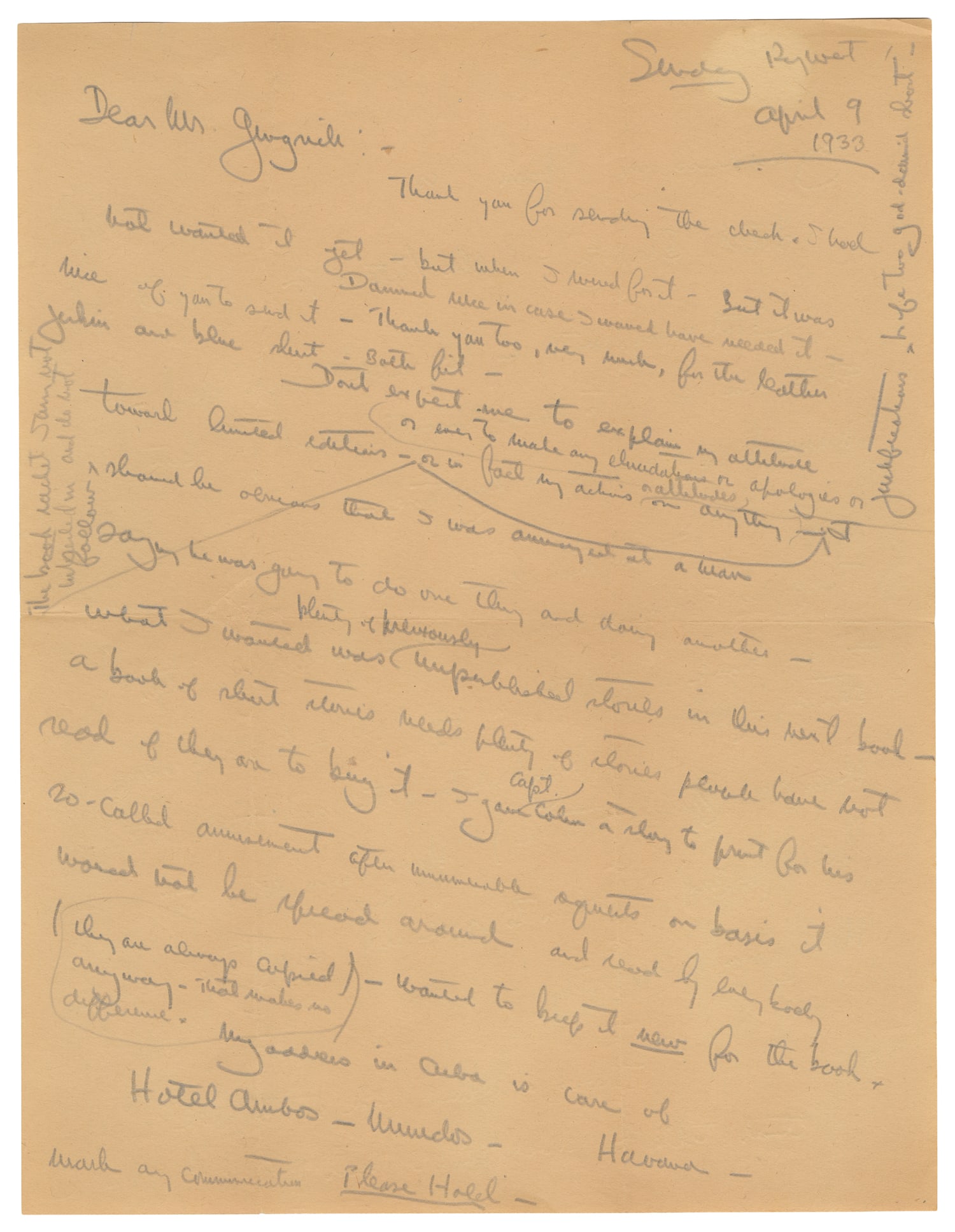 HEMINGWAY, Ernest (1899-1961). Autograph Letter Signed to Arnold Gingrich. Key West: Sunday April 9,: HEMINGWAY, Ernest (1899-1961). Autograph Letter Signed to Arnold Gingrich. Key West: Sunday April 9, 1930. Two and one-half pages on two leaves on brown (formerly white?) plain paper. Written in penci