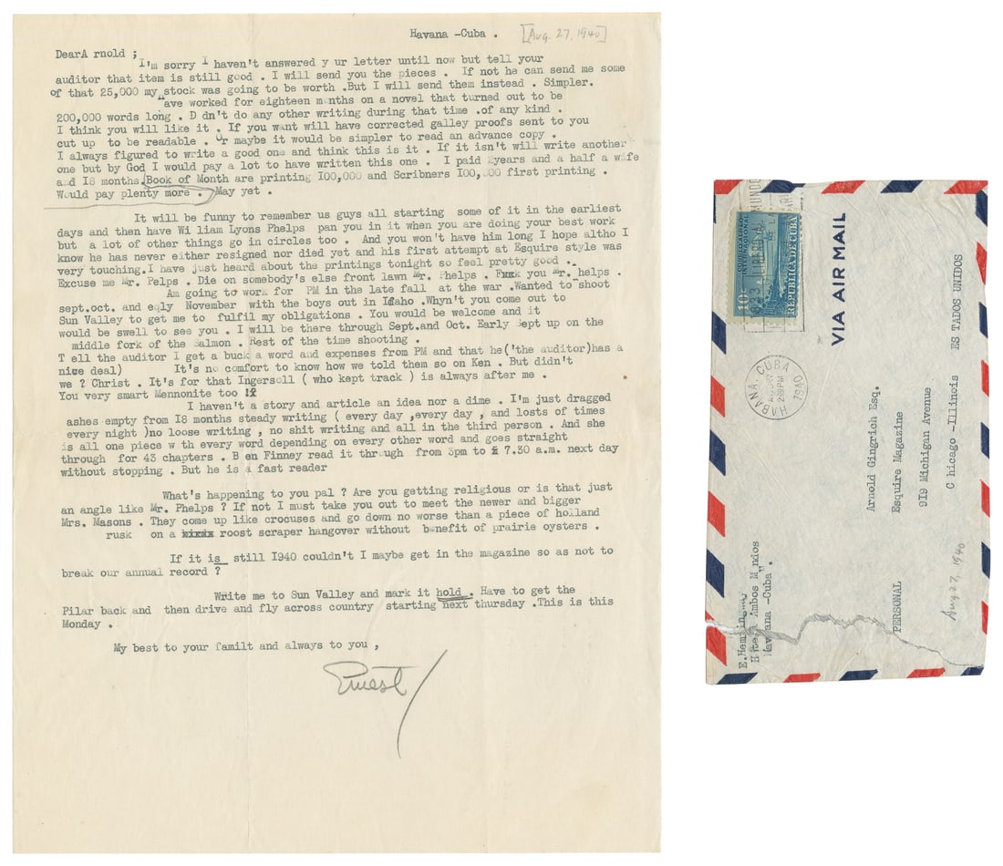 HEMINGWAY, Ernest (1899-1961). Typed Letter Signed to Arnold Gingrich. Havana, Cuba: [August 27, (1 of 1)