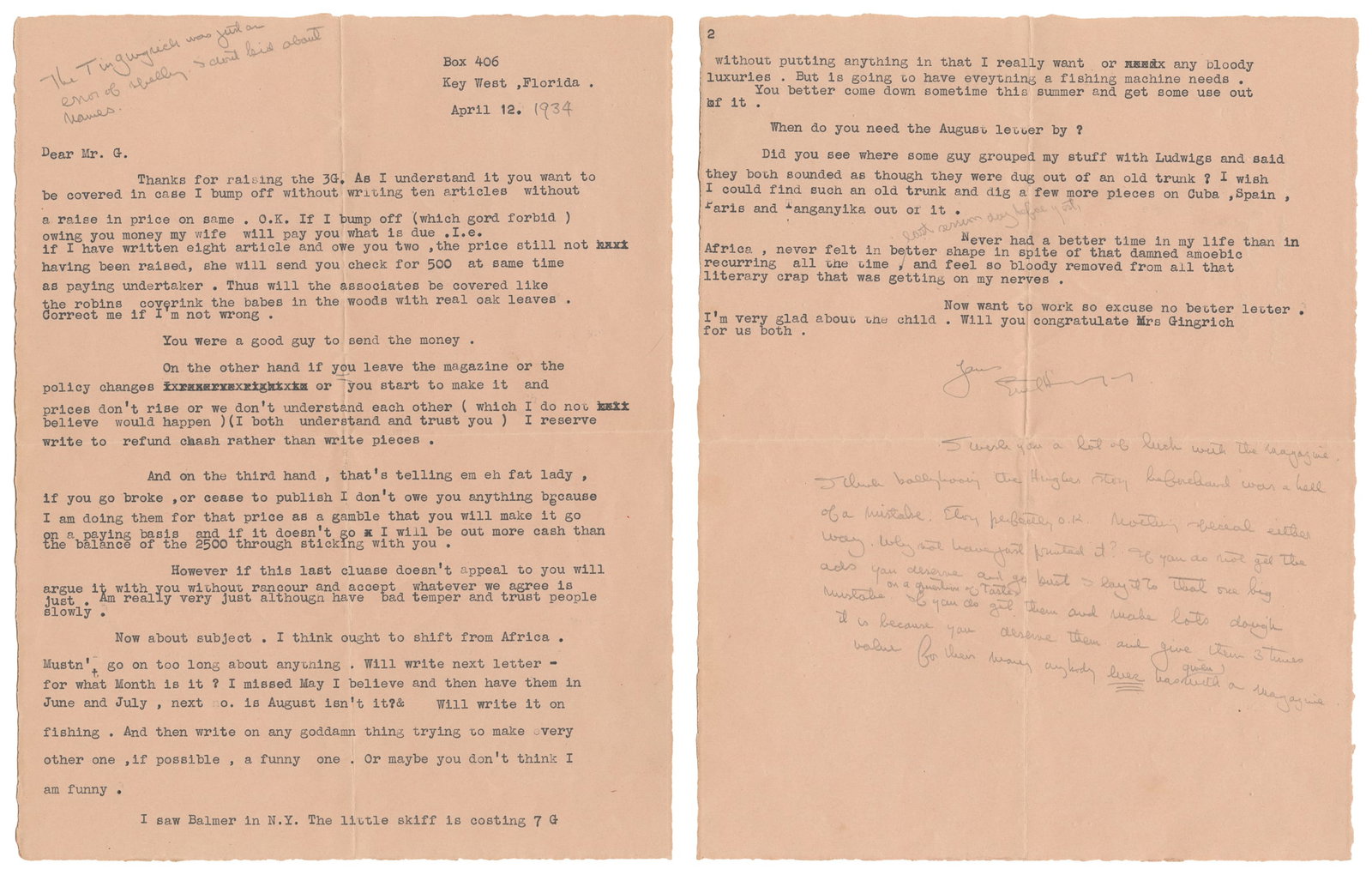 HEMINGWAY, Ernest (1899-1961). Typed Letter Signed to Arnold Gingrich. Key West, Florida, April 12,: HEMINGWAY, Ernest (1899-1961). Typed Letter Signed to Arnold Gingrich (1903-1976). Key West, Florida, April 12, [1934]. One and one-half typed pages plus a manuscript paragraph and some notes in penci