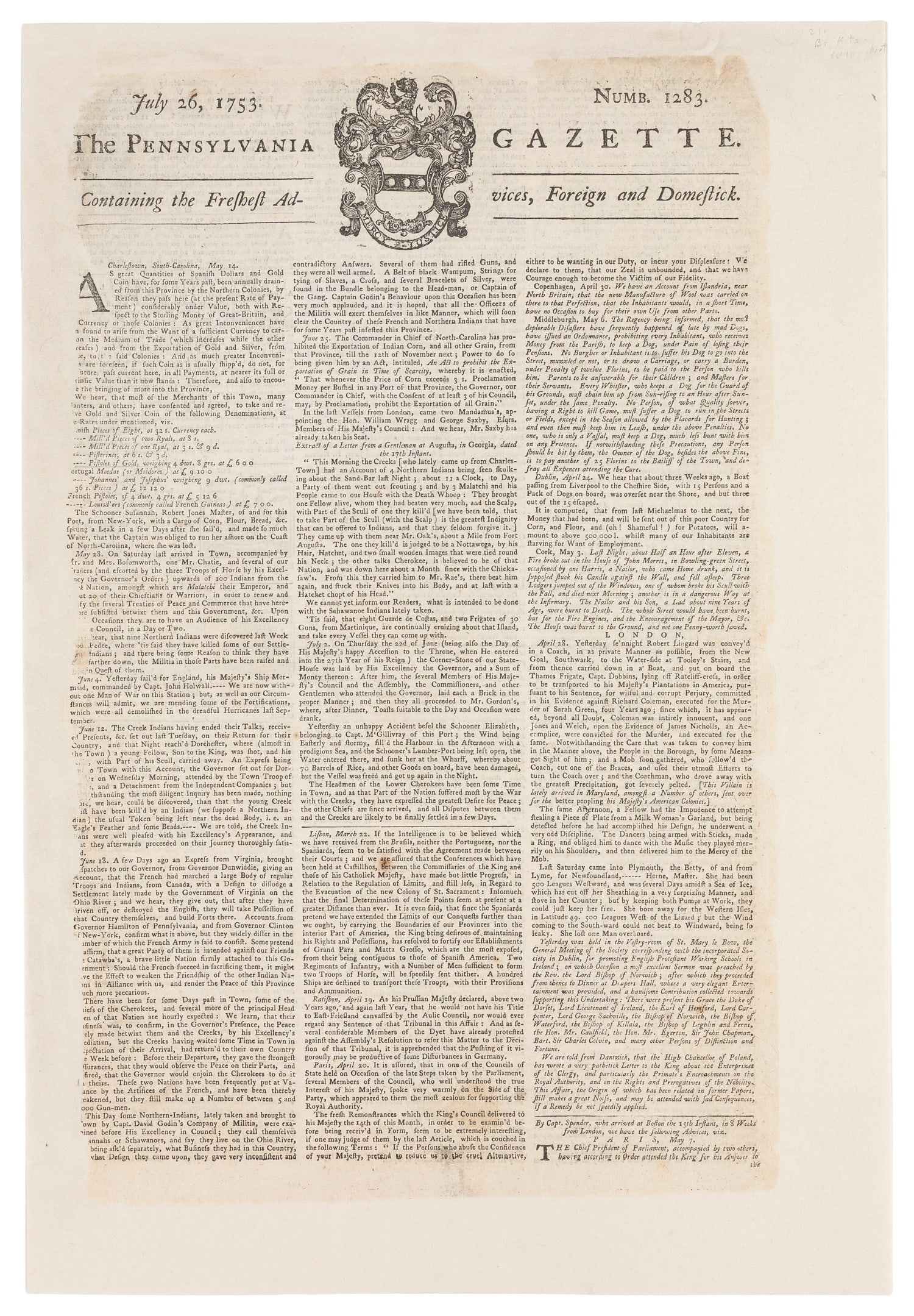 [NEWSPAPERS]. [BEN FRANKLIN]. The Pennsylvania Gazette. No. 1283. Philadelphia: [printed by B. (1 of 1)