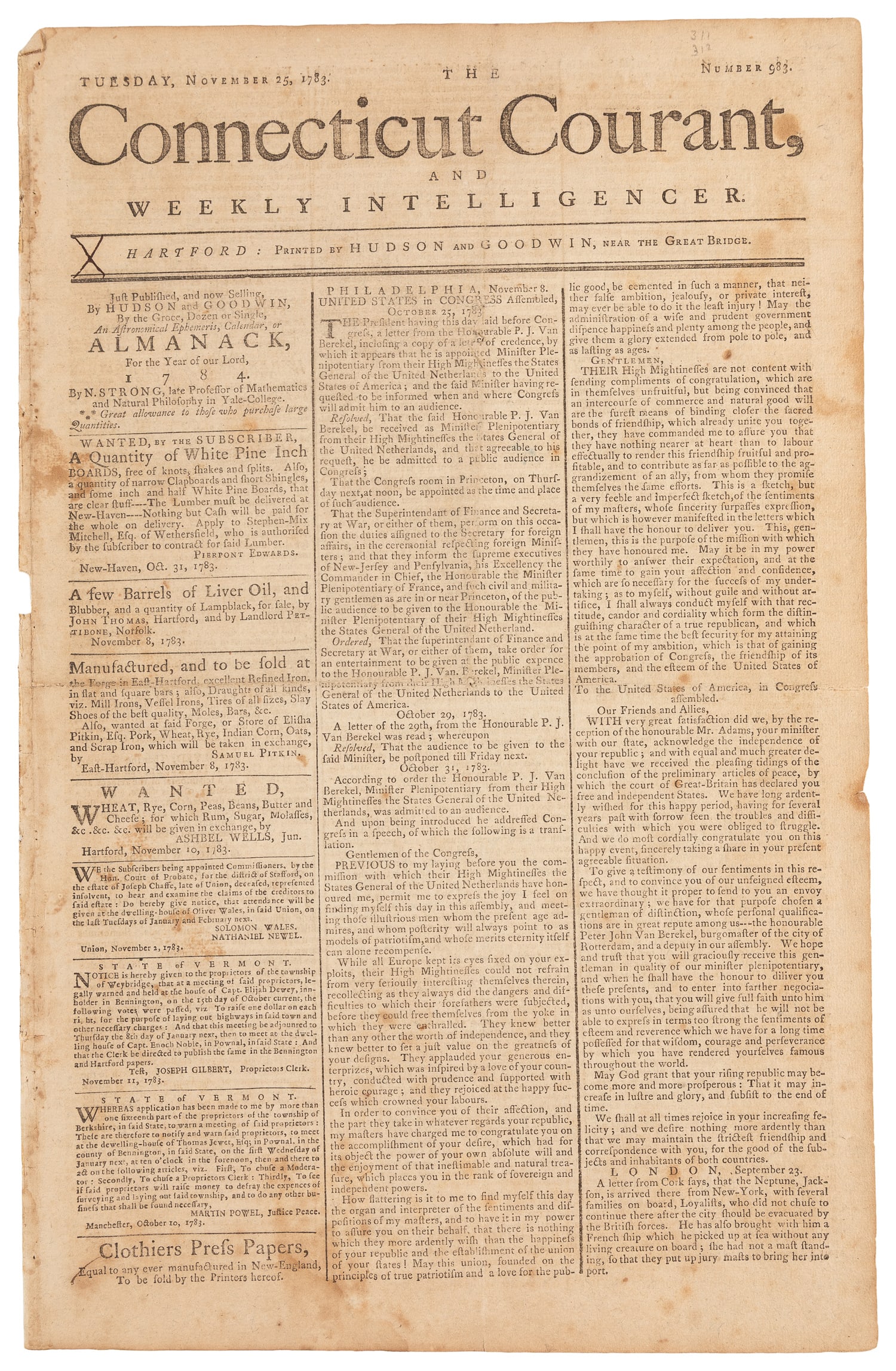 [NEWSPAPERS]. [EVACUATION DAY]. The Connecticut Courant, and Weekly Intelligencer. No. 983.: [NEWSPAPERS]. [EVACUATION DAY]. The Connecticut Courant, and Weekly Intelligencer. No. 983. Hartford: November 25, 1783. 4pp. 16 1/4 10 1/2". CONTAINS VARIOUS ITEMS ON "EVACUATION DAY," MARKING THE EN