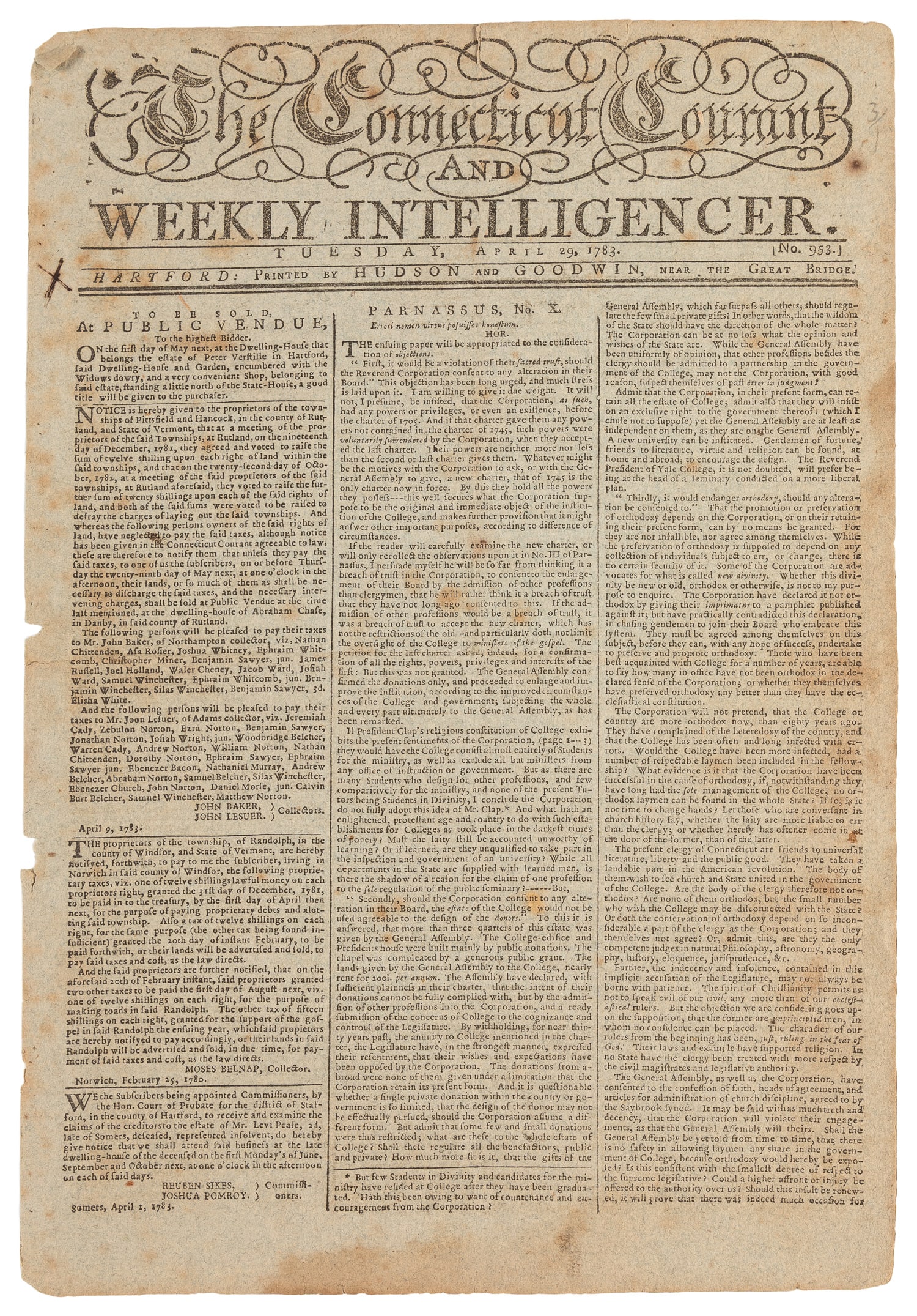 [NEWSPAPERS]. [GEORGE WASHINGTON]. The Connecticut Courant, and Weekly Intelligencer. No. 953. (1 of 3)