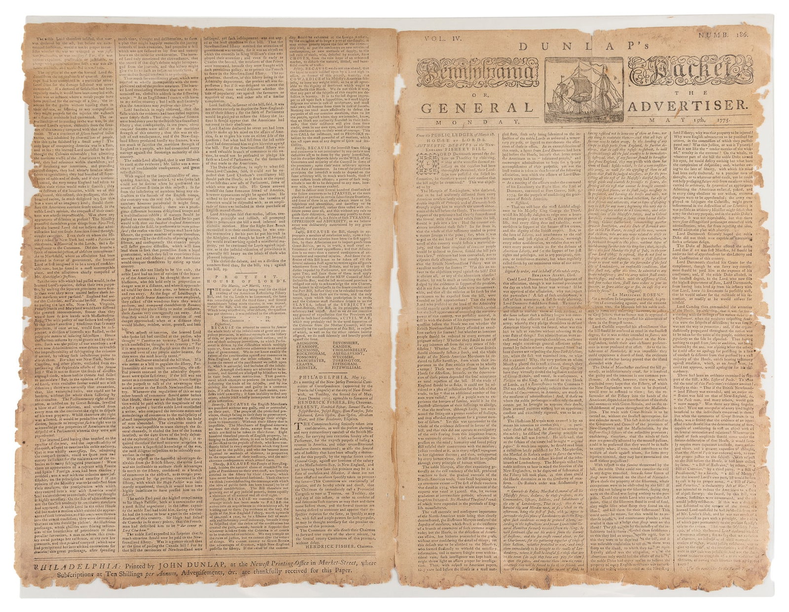 [NEWSPAPERS]. [LEXINGTON AND CONCORD TESTIMONIES]. Dunlap's Pennsylvania Packet or, The General: [NEWSPAPERS]. [LEXINGTON AND CONCORD TESTIMONIES]. Dunlap's Pennsylvania Packet or, The General Advertiser. Vol. IV No. 186. Philadelphia: May 15, 1775. 4pp. 18 3/4 x 12". CONTAINING EYE-WITNESS TESTI