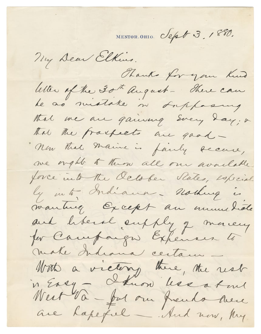 [PRESIDENTS]. [GARFIELD, James A. (1831-1881), and CLEVELAND, Grover (1837-1908)]. Pair of: [PRESIDENTS]. [GARFIELD, James A. (1831-1881), and CLEVELAND, Grover (1837-1908)]. Pair of Presidential Letters. 1880/1887. Comprising: GARFIELD, James A. (1831-1881). Autograph Letter Signed to Steph