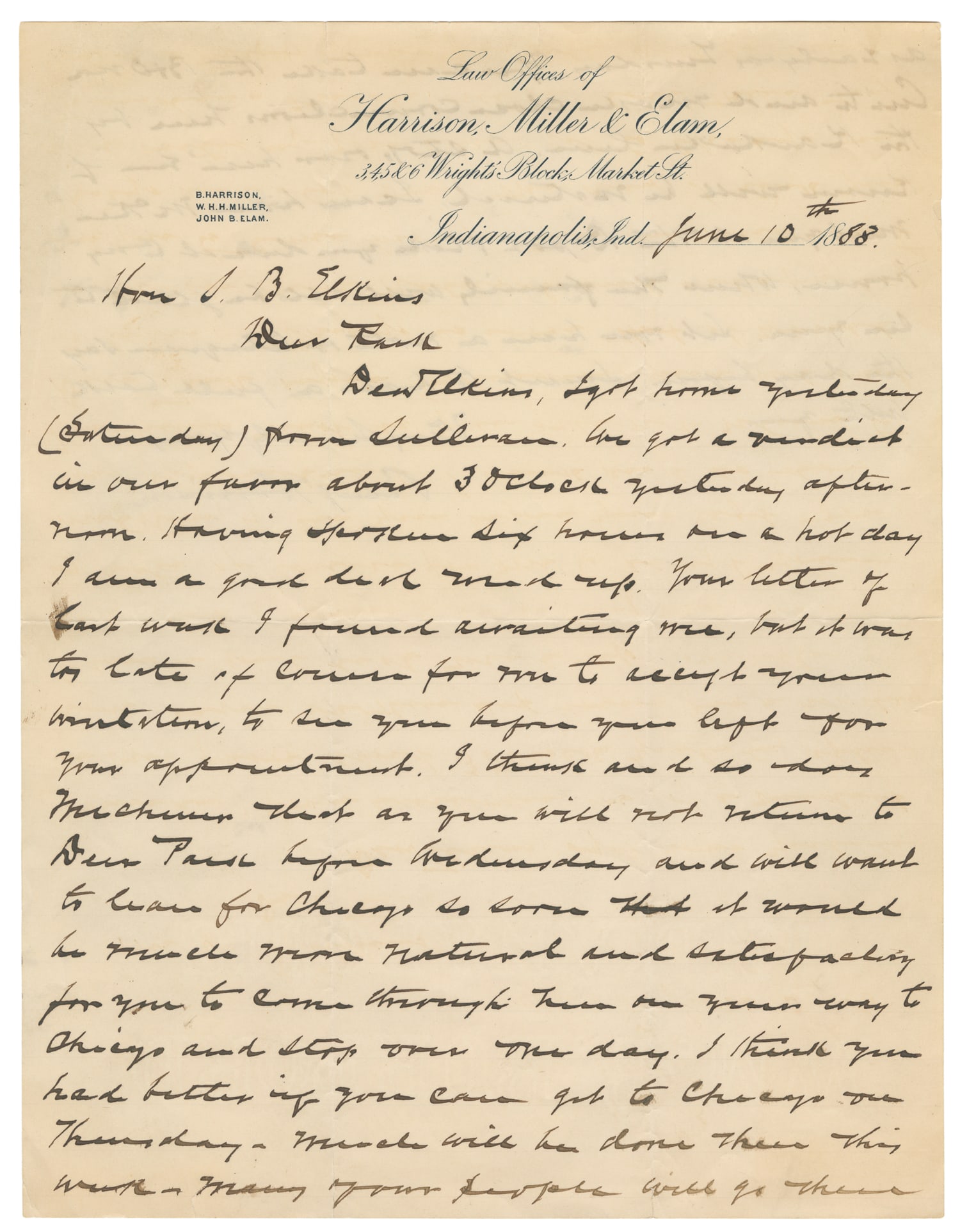 [PRESIDENTS]. HARRISON, Benjamin (1833-1901). Autograph Letter Signed to Stephen B. Elkins. (1 of 2)
