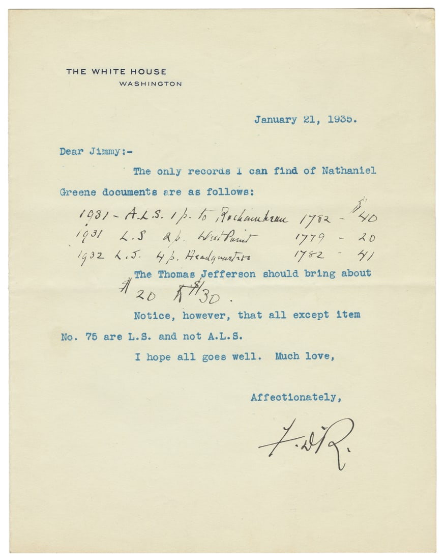 ROOSEVELT, Franklin Delano (1882-1945). Typed Letter Signed. The White House / Washington, January (1 of 1)