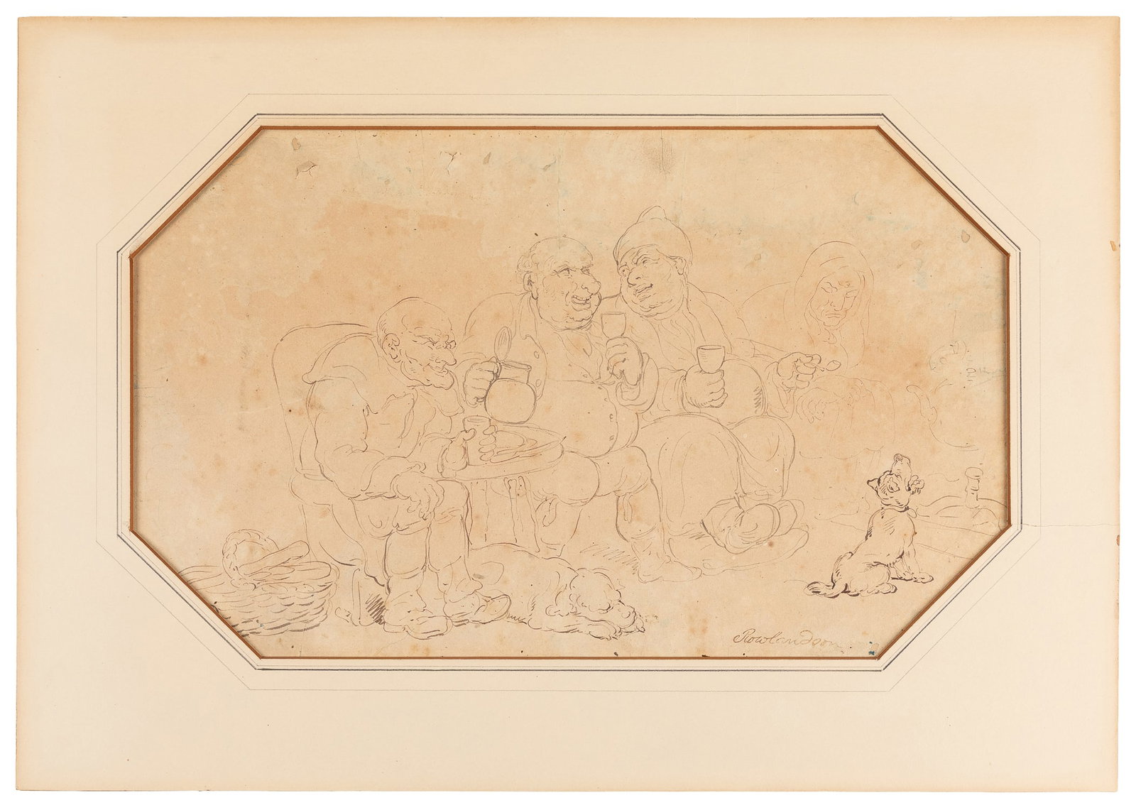 ROWLANDSON, Thomas (English, 1756-1827). Original Pen and Ink Drawing, "Tipplers with their Dogs." (1 of 1)