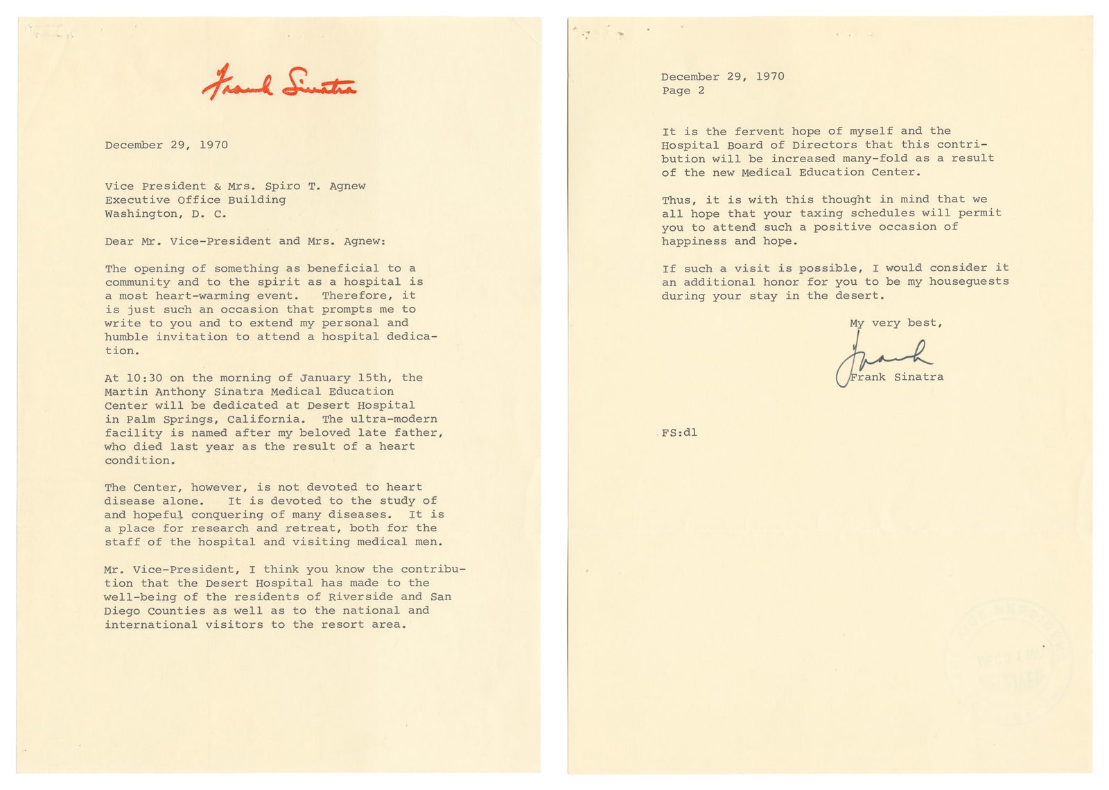 SINATRA, Frank (1915-1998). Typed Letter Signed. [Palm Springs]: December 29, 1970.: SINATRA, Frank (1915-1998). Typed Letter Signed. [Palm Springs]: December 29, 1970. Two 4to pages on two 4to sheets of beige stationery (first page with facsimile signature of Sinatra stamped in red).
