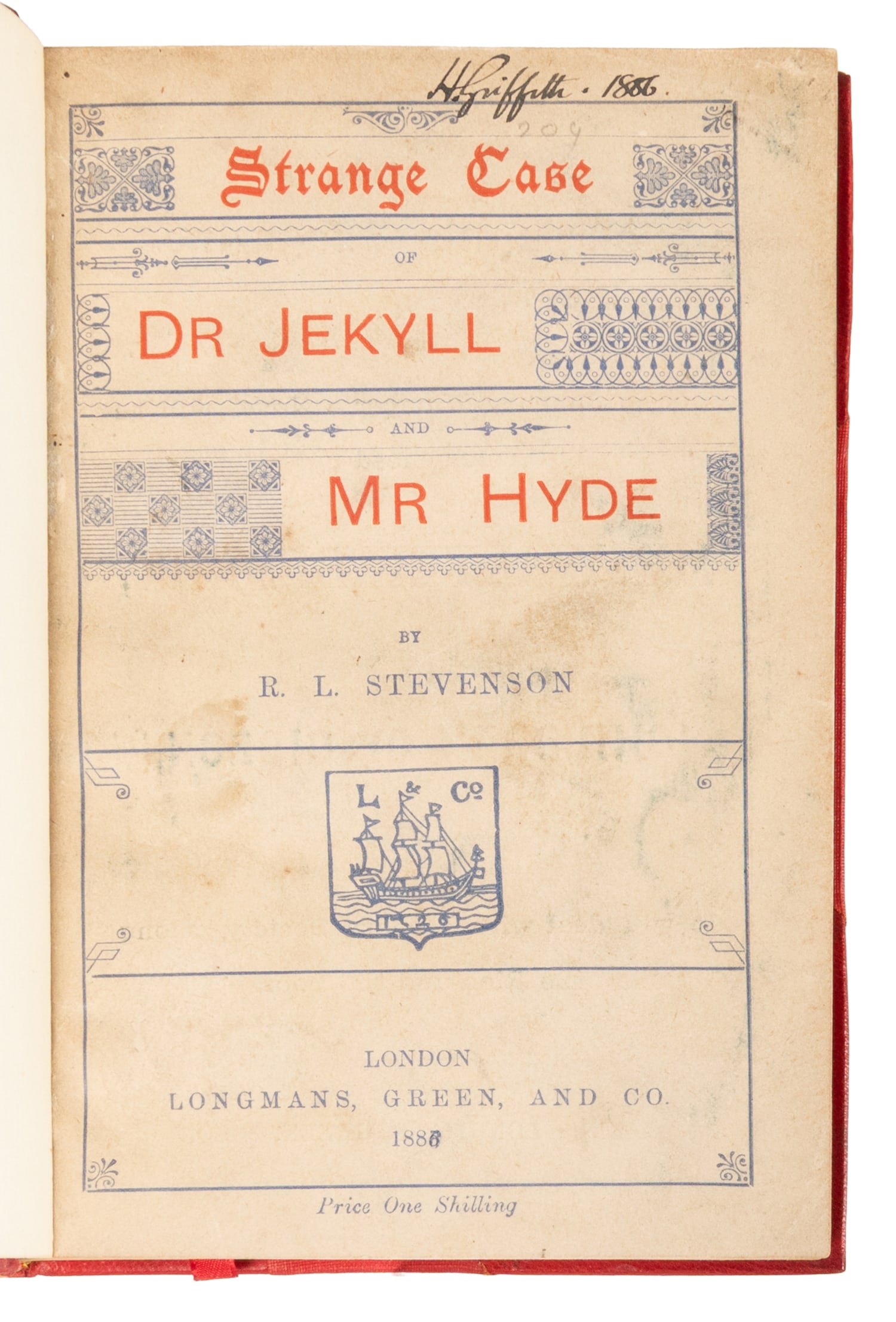 STEVENSON, Robert Louis (1850-1894). Strange Case of Dr Jekyll and Mr Hyde. London: Longmans, Green,: STEVENSON, Robert Louis (1850-1894). Strange Case of Dr Jekyll and Mr Hyde. London: Longmans, Green, and Co., 1886. Small 8vo. [viii], [1]-141, [1, blank] pp. Half-title is present, rear ads are not p