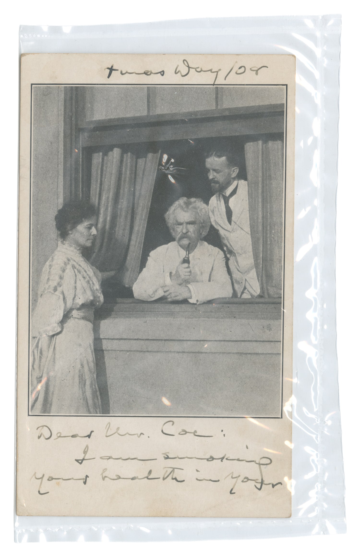 TWAIN, Mark (pseudonym of CLEMENS, Samuel Langhorne (1835-1910)). Inscribed Postcard Signed. (1 of 2)