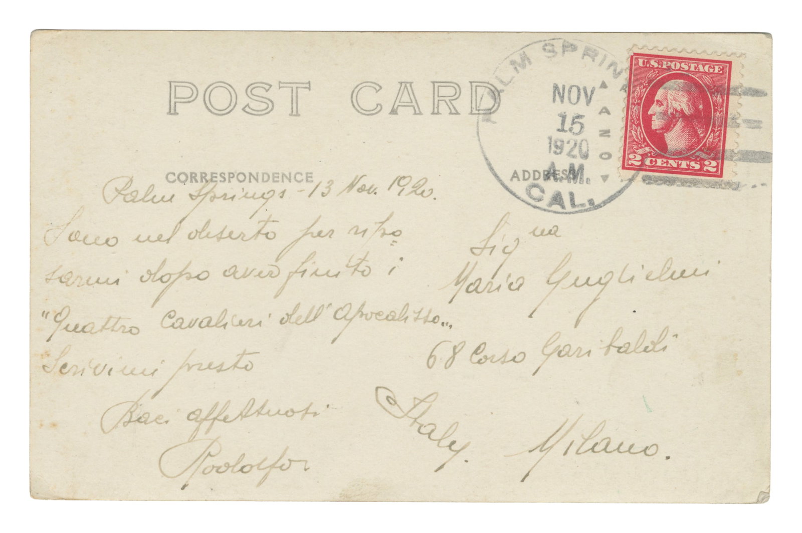 VALENTINO, Rudolph (1895-1926). Autograph Post Card Signed. [Palm Springs, CA, Nov. 15, 1920]. (1 of 2)