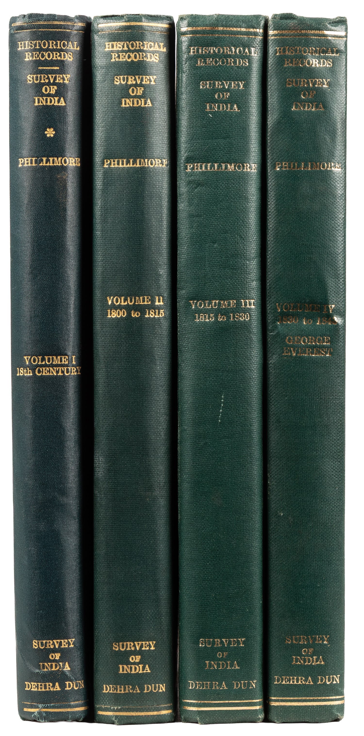 [VOYAGES AND TRAVELS]. [PHILLIMORE, Col. R. H. (1879-1964), compiler]. Historical Records of the: [VOYAGES AND TRAVELS]. [PHILLIMORE, Col. R. H. (1879-1964), compiler]. Historical Records of the Survey of India. Dehra Dun: Printed at the Office of the Geodetic Branch, 1945-1958. 4tos. Illustrated.