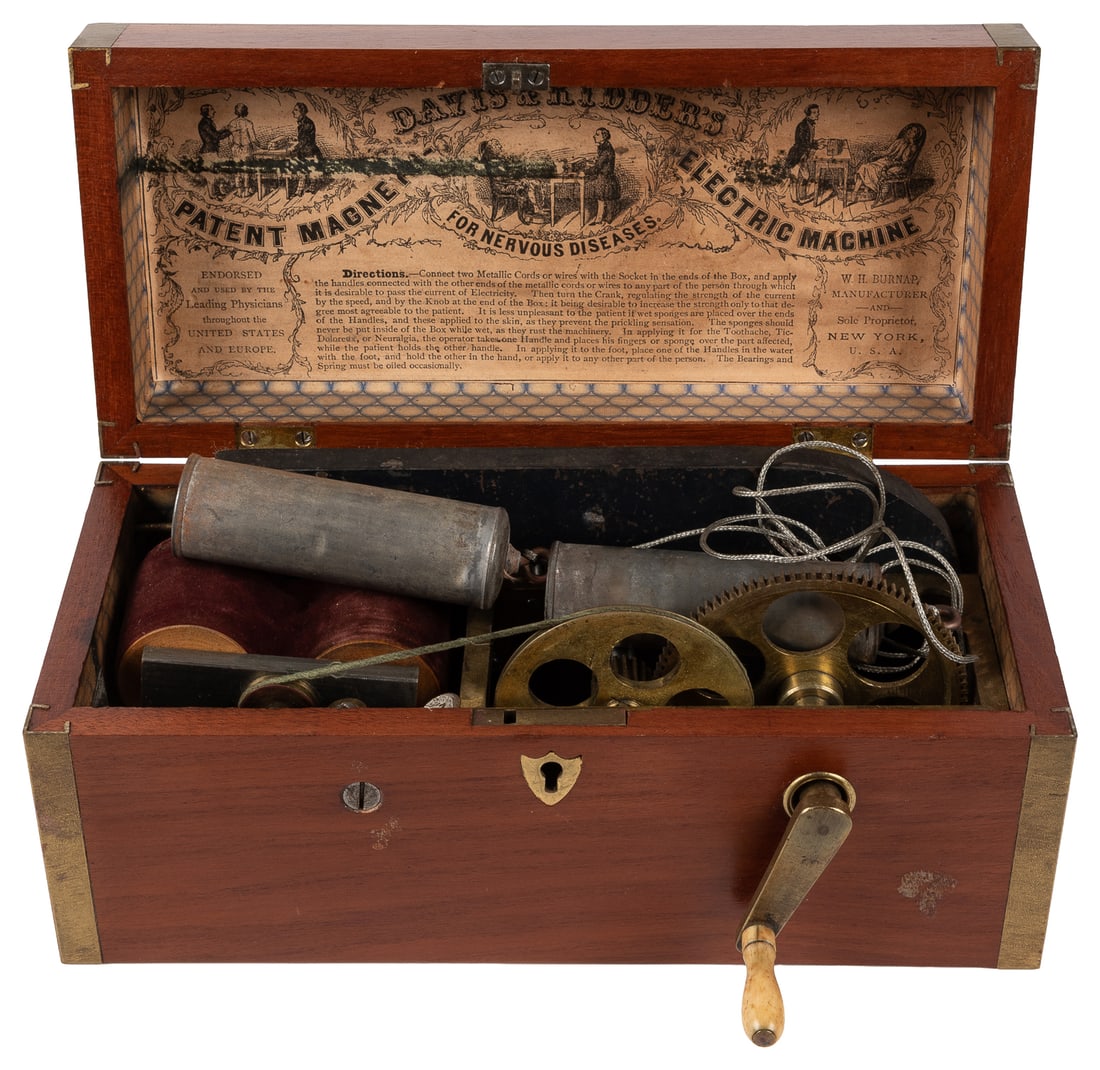 [QUACK MEDICAL DEVICE]. Davis & Kidder Patent Magneto-Electric Machine for Nervous Diseases. New: [QUACK MEDICAL DEVICE]. Davis & Kidder Patent Magneto-Electric Machine for Nervous Diseases. New York: W.H. Burnap, ca. mid-19th century. In wooden box with brass corners and hand crank. "Endorsed