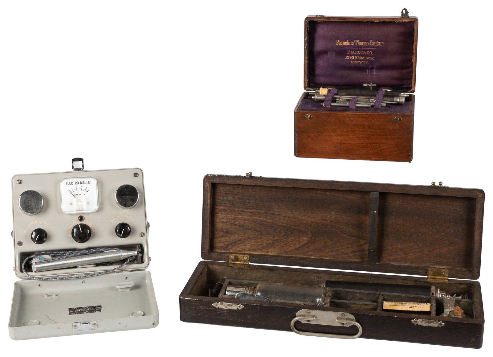 [QUACKERY]. Pair of Veterinary Cautery Devices [and:] a Later Portable Dental Drill. [V.p., ca. 19th: [QUACKERY]. Pair of Veterinary Cautery Devices [and:] a Later Portable Dental Drill. [V.p., ca. 19th - 20th centuries]. Includes: Paquelin's Thermo-Cautery in wooden box, lined in purple silk (7 x 5 x