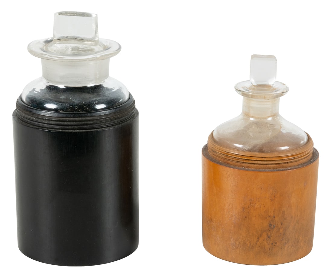 [APOTHECARY]. Pair of Vintage Small Wooden Medicine Bottle Holders with Bottles. [N.p., ca. 20th (1 of 2)