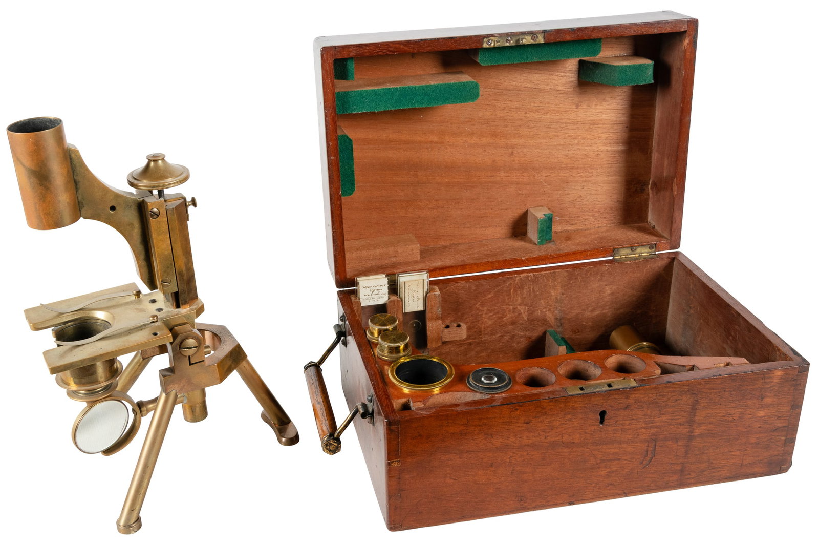 [ANTIQUE MICROSCOPE]. Brass Three-Legged Microscope in Wooden Case with Attachments. London: J. (1 of 2)