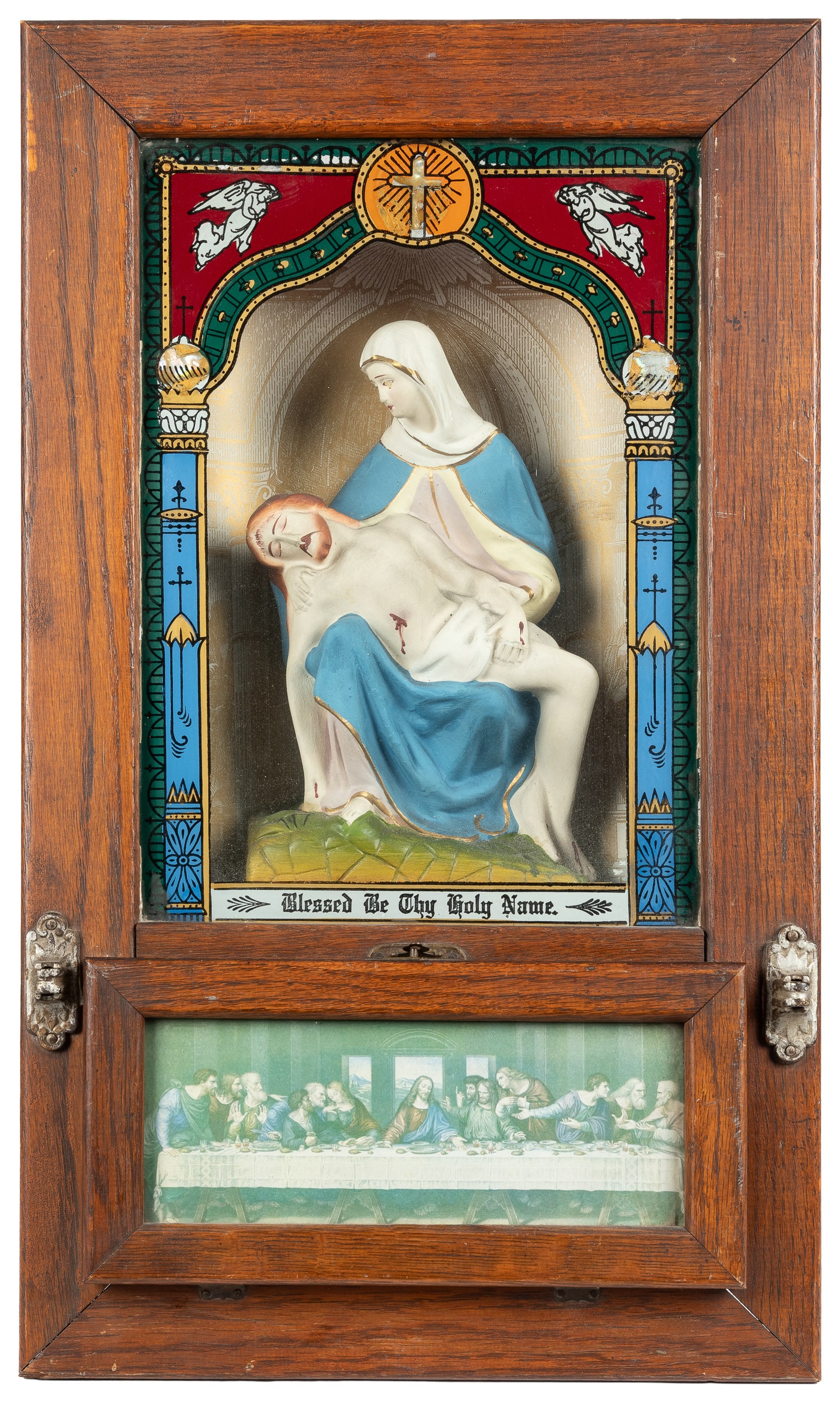 [RELIGIOUS OBJECTS]. Catholic Last Rites Prayer Box. Mid to late 20th century.: [RELIGIOUS OBJECTS]. Catholic Last Rites Prayer Box. Mid to late 20th century. Wooden and glass shadow box encasing the exposition of Mary holding Jesus after being brought down from the cross. With