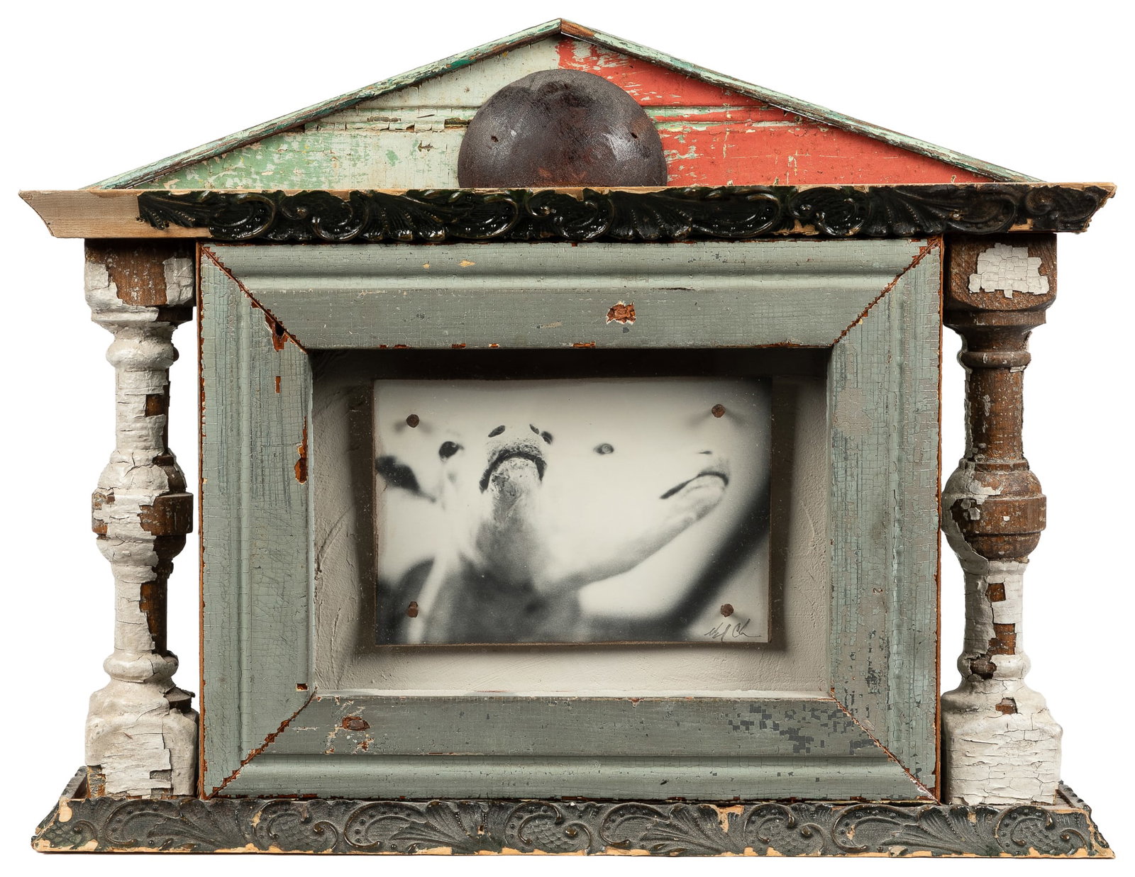 [ODDITIES]. Conjoined Calf Portrait Photograph in Salvaged Frame. [American], 21st Century.: [ODDITIES]. Portrait Photograph of Conjoined Calf in Salvage Frame. Black-and-white photograph of a calf exhibiting the dicephalic parapagus condition. Frame made of salvaged wood. Artist signature