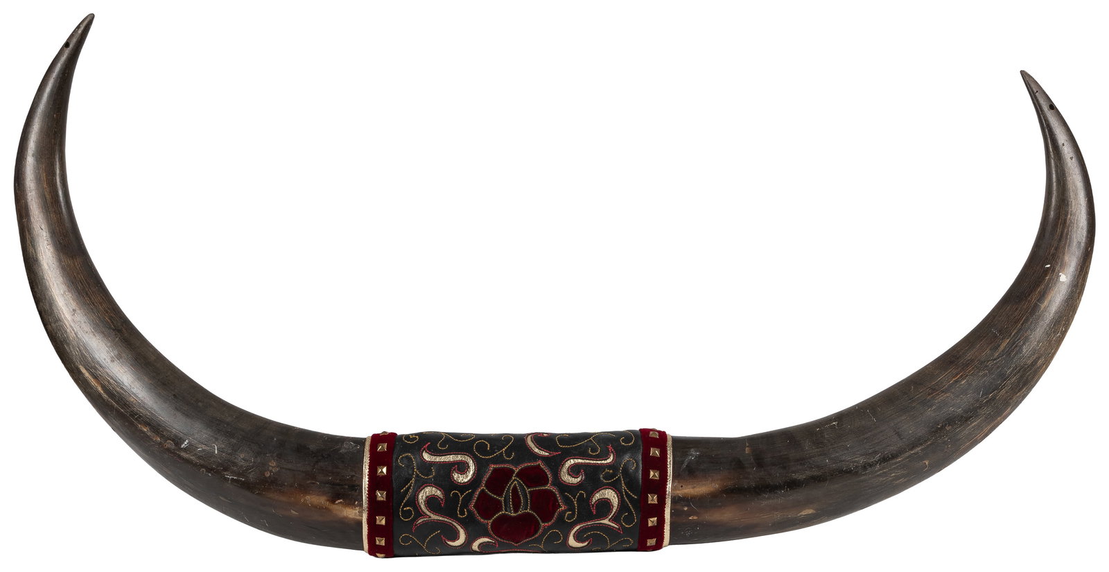 38" Water Buffalo Horns with Decorative Faux Leather and Velvet Studded Wrap.: 38" Water Buffalo Horns with Decorative Leather and Velvet Studded Wrap. Pair of water buffalo horns joined in a decorative central wrap. Holes at tips for hanging. 38" long.