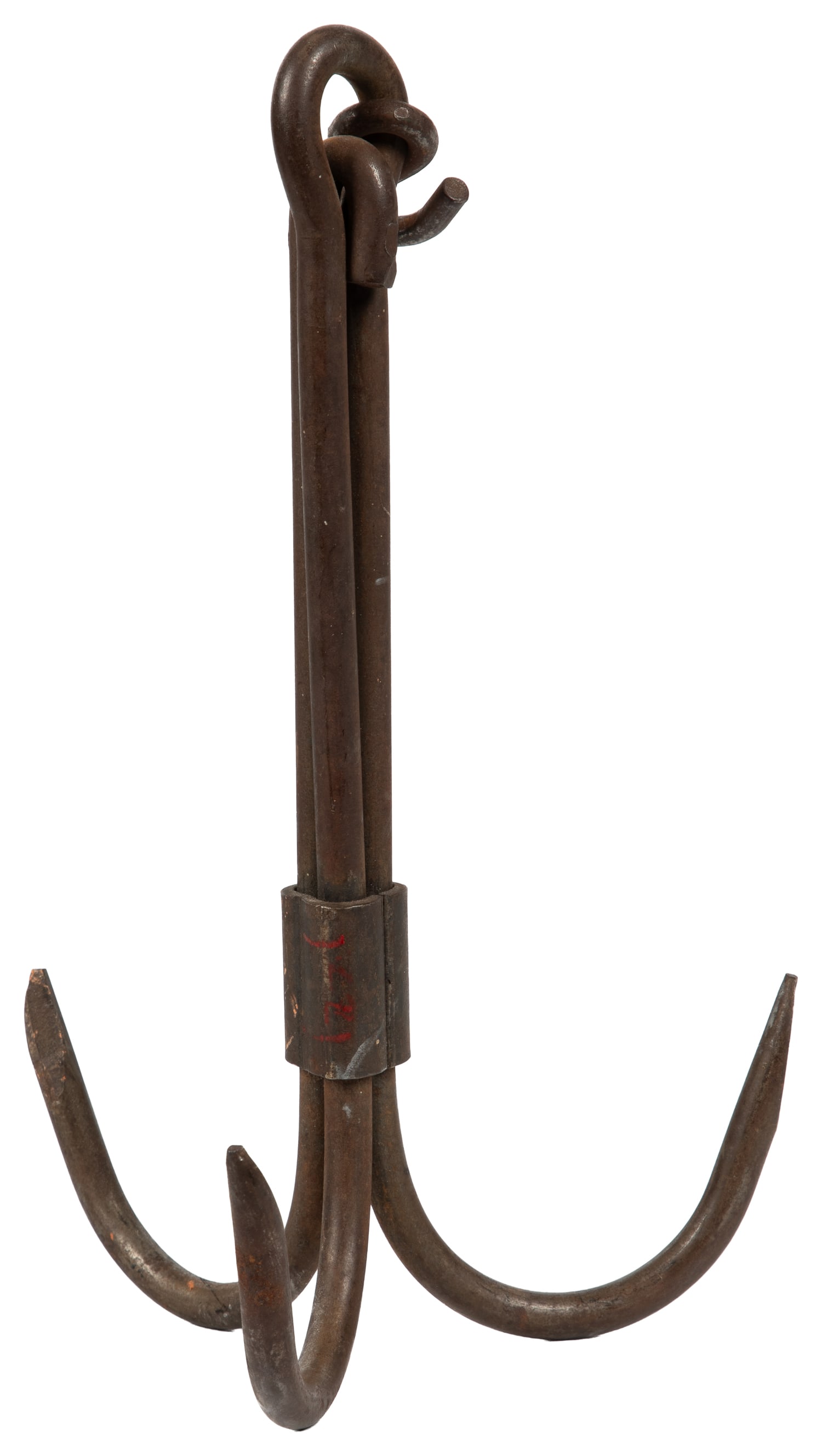 Three Point Steel Grappling Hook. [American], late 20th century: Three-Point Steel Grappling Hook. [American], late 20th century. Small three-point grappling hook made of steel with included hook at the top for rope. 12 x 6 1/2 x 6 1/2".
